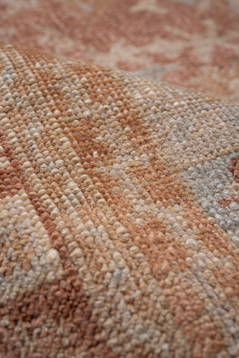 4' x 6' one-of-a-kind handmade antique Oushak small size rug. Color palette: blush, terracotta, ivory, pale blue, taupe