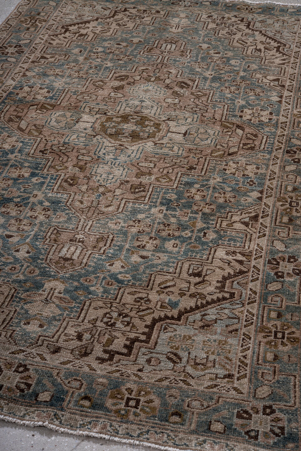 4' x 7' one-of-a-kind handmade antique Hamadan rug. Color palette: aqua, ivory, taupe, brown, charcoal, beige, teal, gray