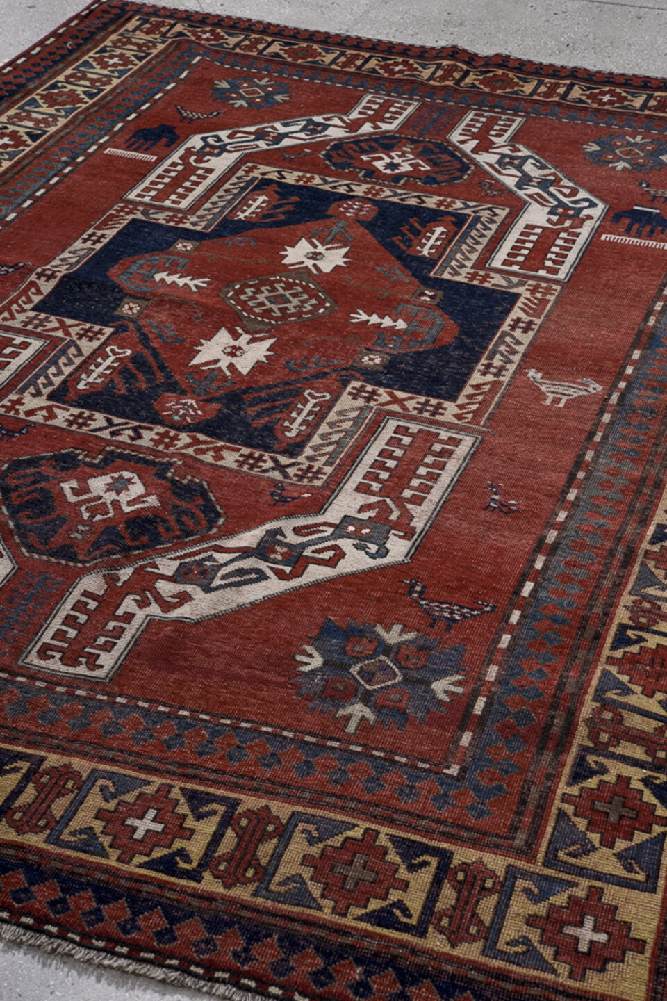 6' x 8' one-of-a-kind handmade vintage Kazak medium size rug. Color palette: black, blue, brown, charcoal, dim gray, gray