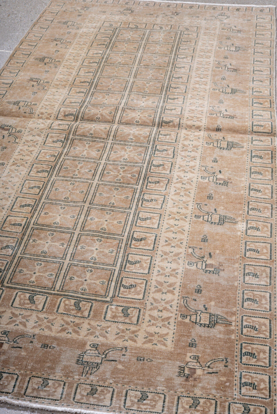 3' x 8' one-of-a-kind handmade antique Sivas runner rug. Color palette: camel, ivory, taupe, sage, brown, charcoal, beige