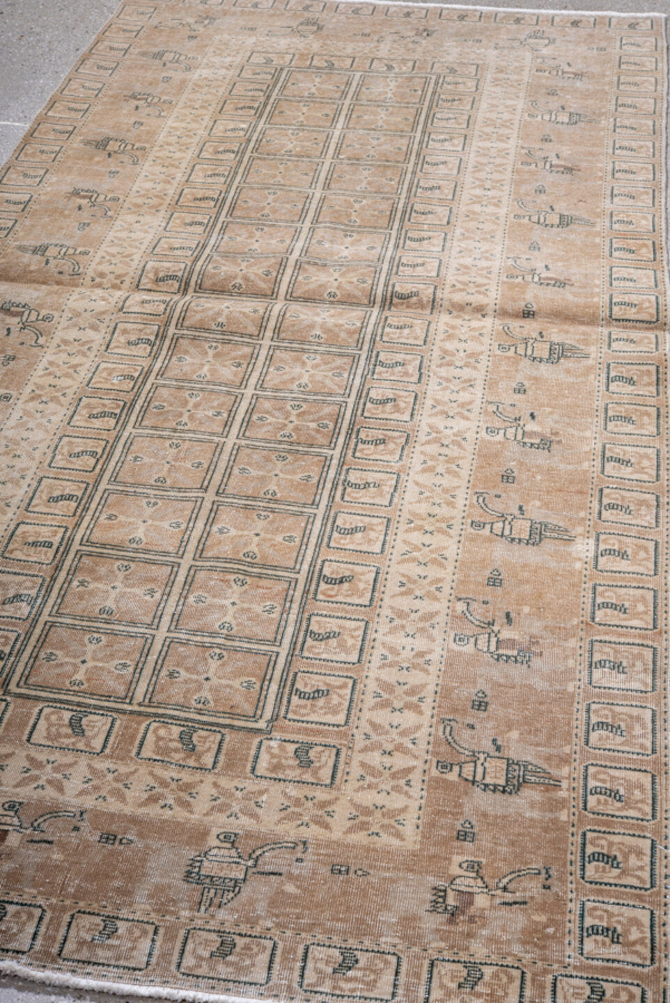 3' x 8' one-of-a-kind handmade antique Sivas runner rug. Color palette: camel, ivory, taupe, sage, brown, charcoal, beige