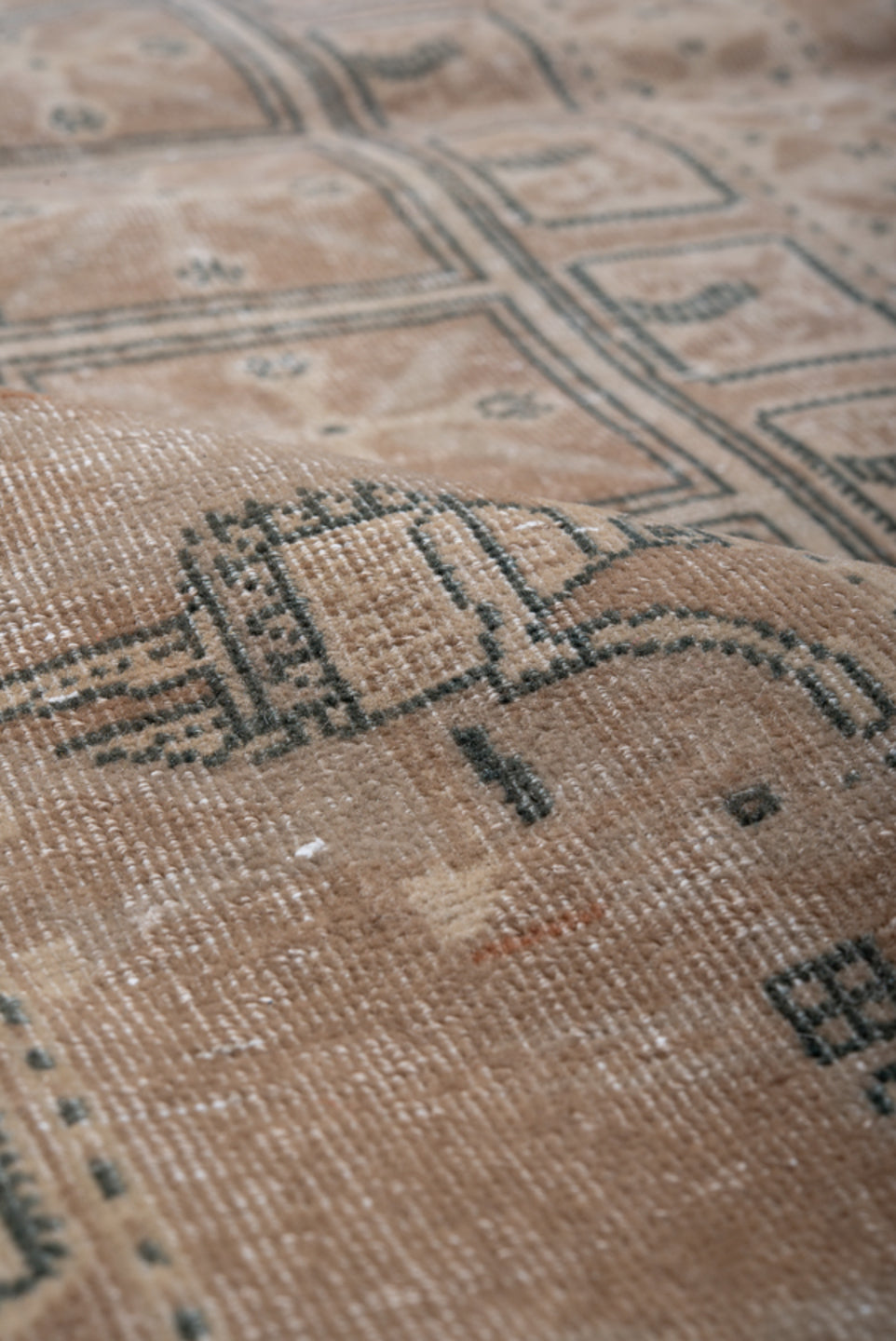 3' x 8' one-of-a-kind handmade antique Sivas runner rug. Color palette: camel, ivory, taupe, sage, brown, charcoal, beige