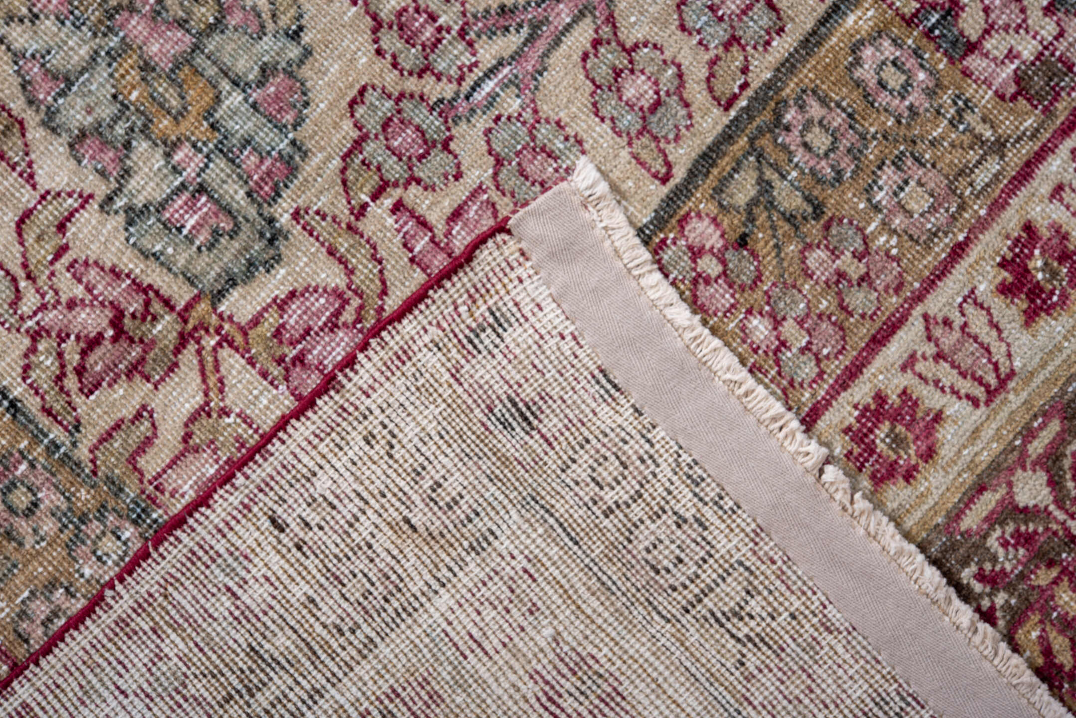 9' x 14' one-of-a-kind handmade vintage Lavar large size rug. Color palette: red, brown, gray, off-white, light gray, pink