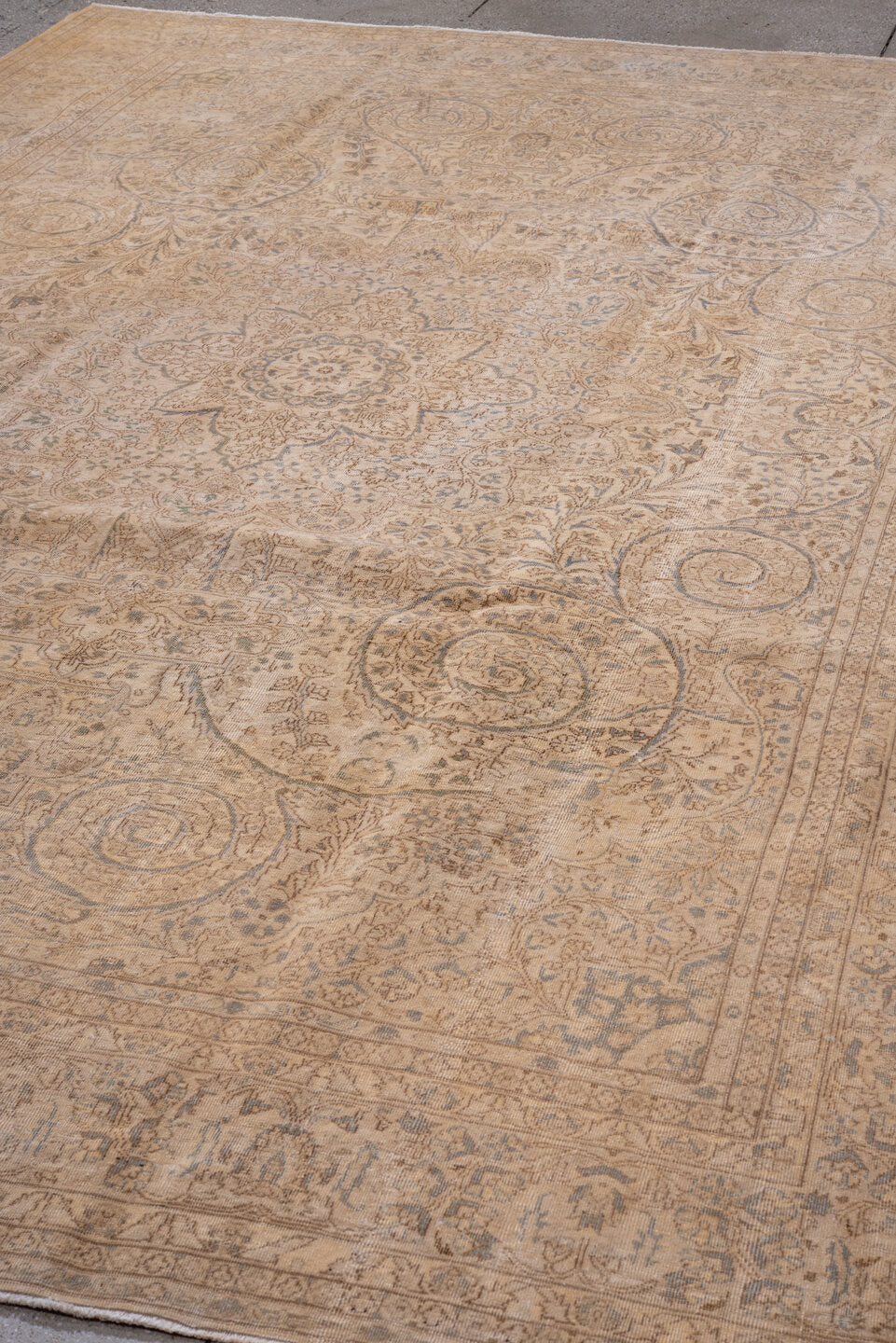 8' x 11' one-of-a-kind handmade antique Kaisary large size rug. Color palette: ivory, beige, taupe, pale blue, camel, sage