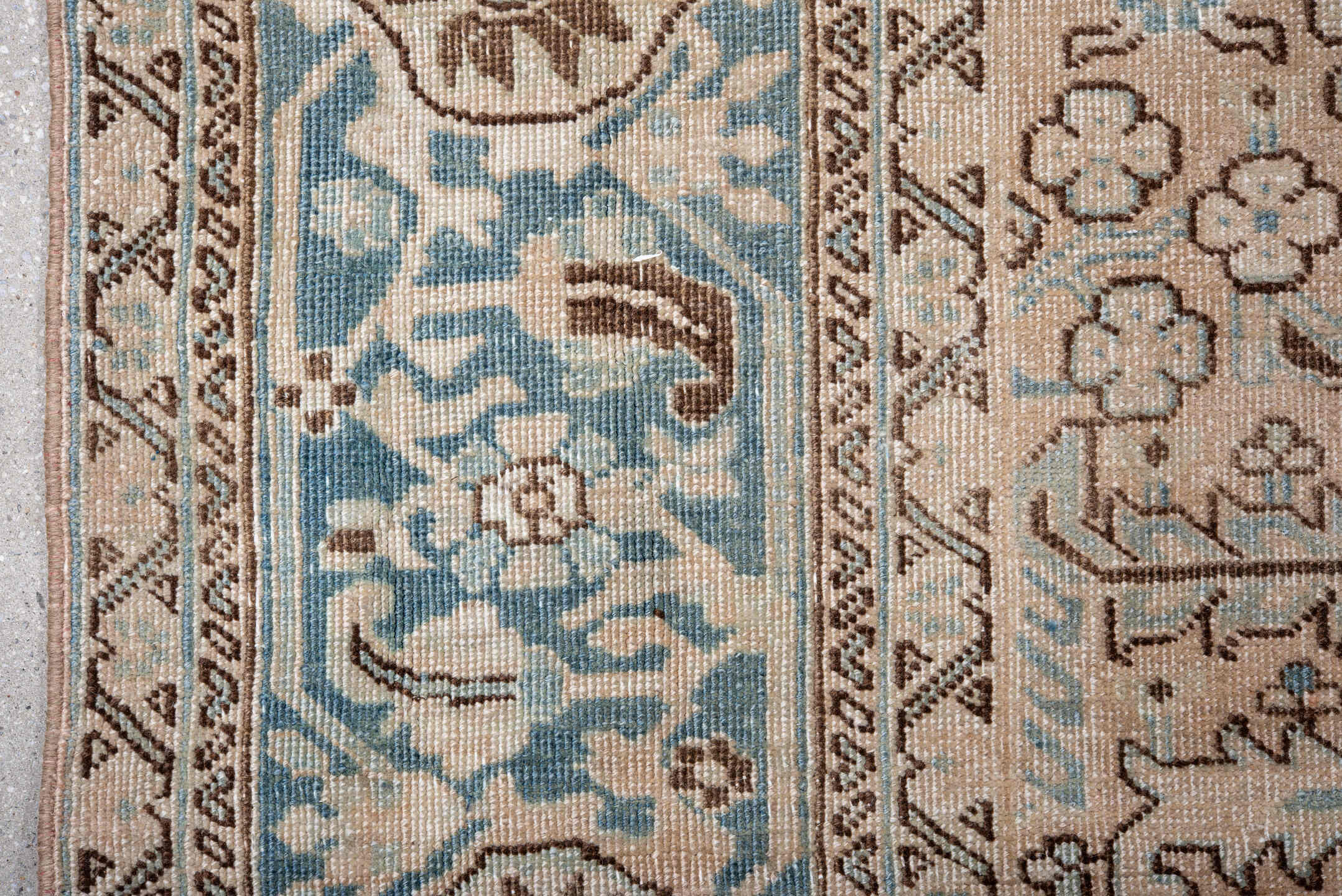 7' x 11' one-of-a-kind handmade antique Heriz large size rug. Color palette: ivory, sky blue, taupe, camel, brown