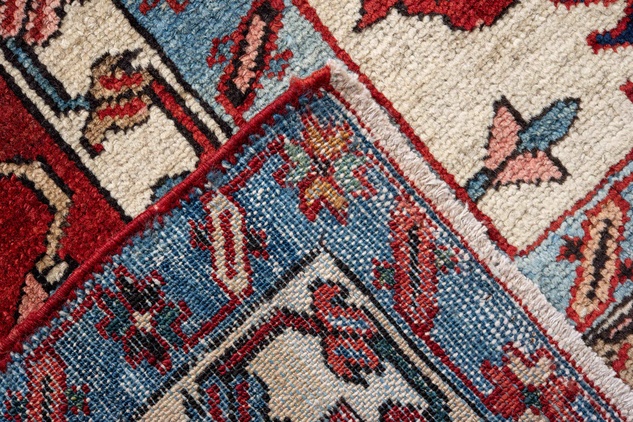 11' x 14' one-of-a-kind handmade vintage Serapi oversize rug. Color palette: brick red, navy, sky blue, ivory, coral, camel