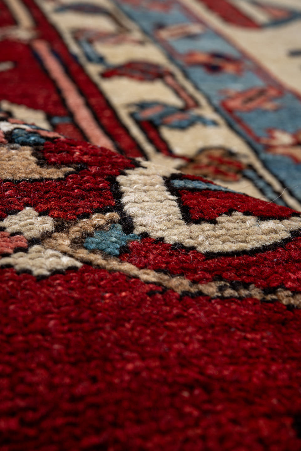 11' x 14' one-of-a-kind handmade vintage Serapi oversize rug. Color palette: brick red, navy, sky blue, ivory, coral, camel