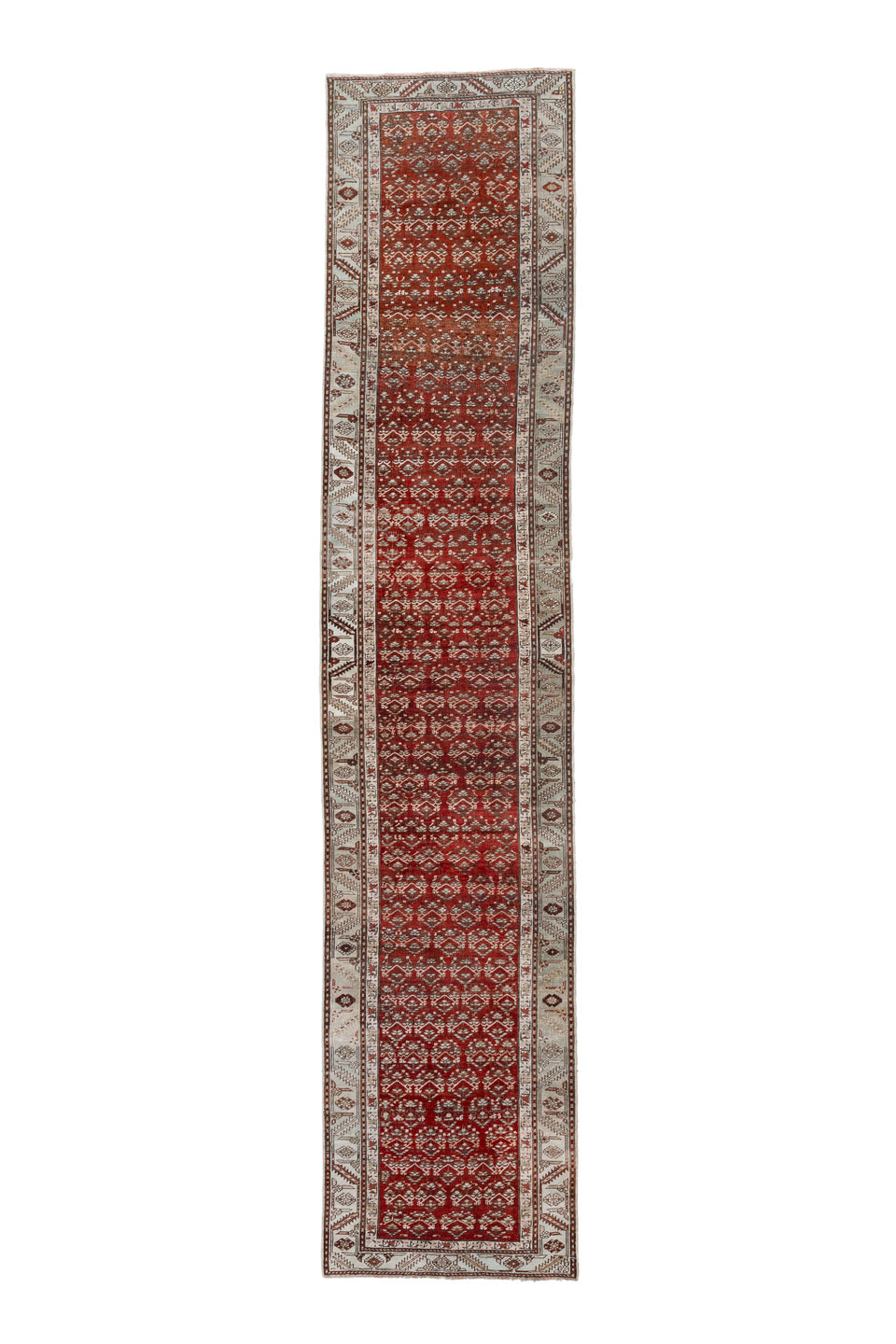 2' x 14' one-of-a-kind handmade antique Caucasian runner rug. Color palette: rust, ivory, crimson, brown, charcoal