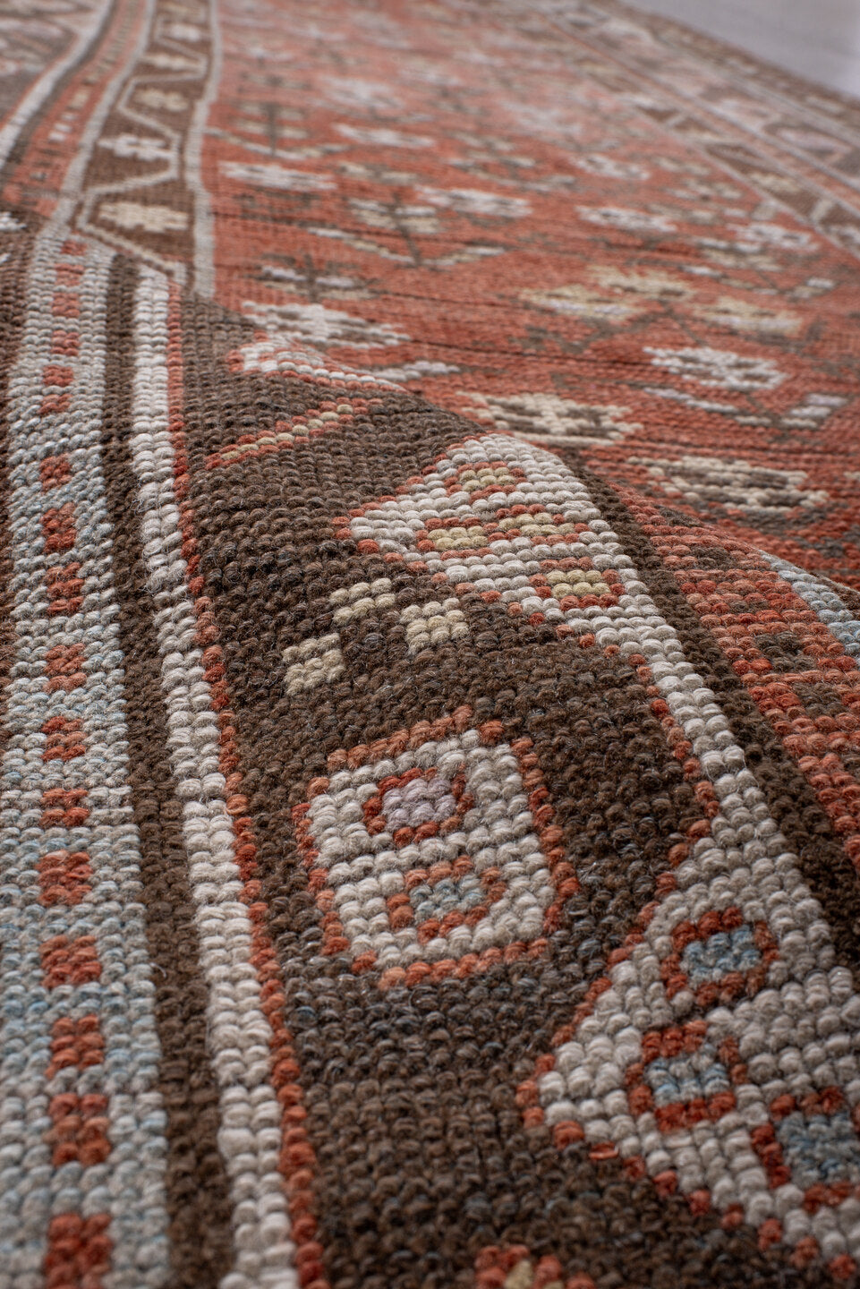 3' x 10' one-of-a-kind handmade antique NW Persian runner rug. Color palette: rust, brown, ivory, terra cotta, taupe