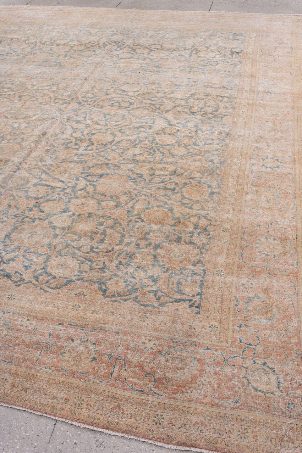 10' x 12' one-of-a-kind handmade antique Kashan large size rug. Color palette: blush, powder blue, ivory, taupe, beige, pink