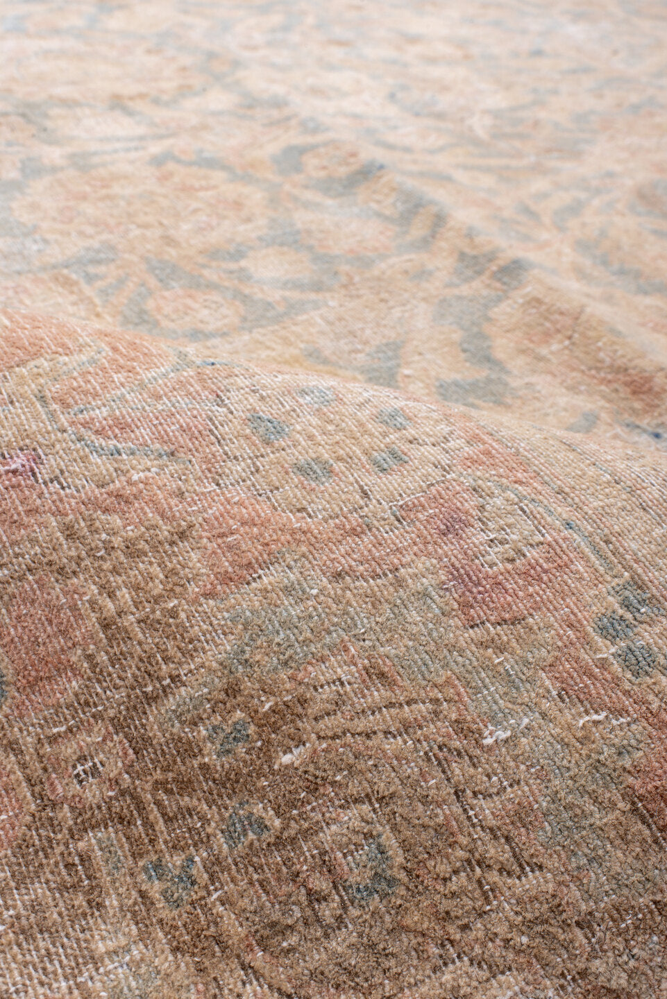 10' x 12' one-of-a-kind handmade antique Kashan large size rug. Color palette: blush, powder blue, ivory, taupe, beige, pink