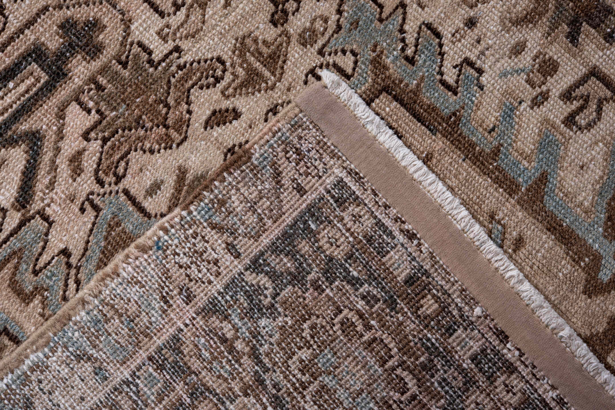 9' x 12' one-of-a-kind handmade antique Heriz large size rug. Color palette: ivory, camel, charcoal, taupe, pale blue, brown