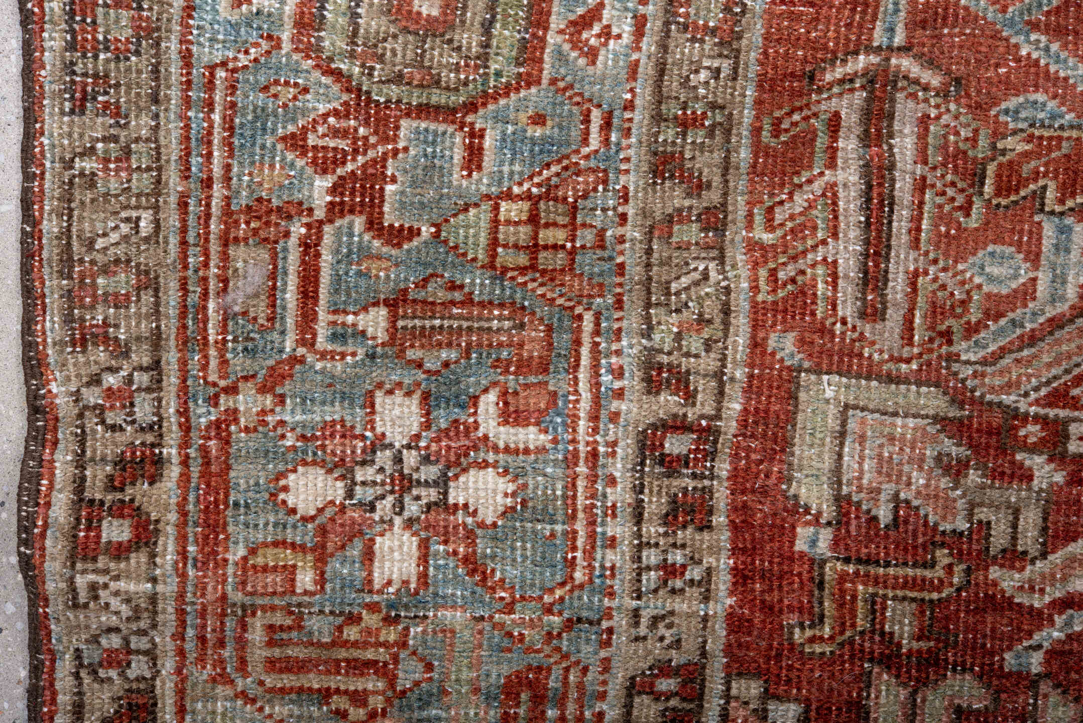 7' x 10' one-of-a-kind handmade vintage Heriz large size rug. Color palette: rust, sky blue, ivory, taupe, sage, burgundy