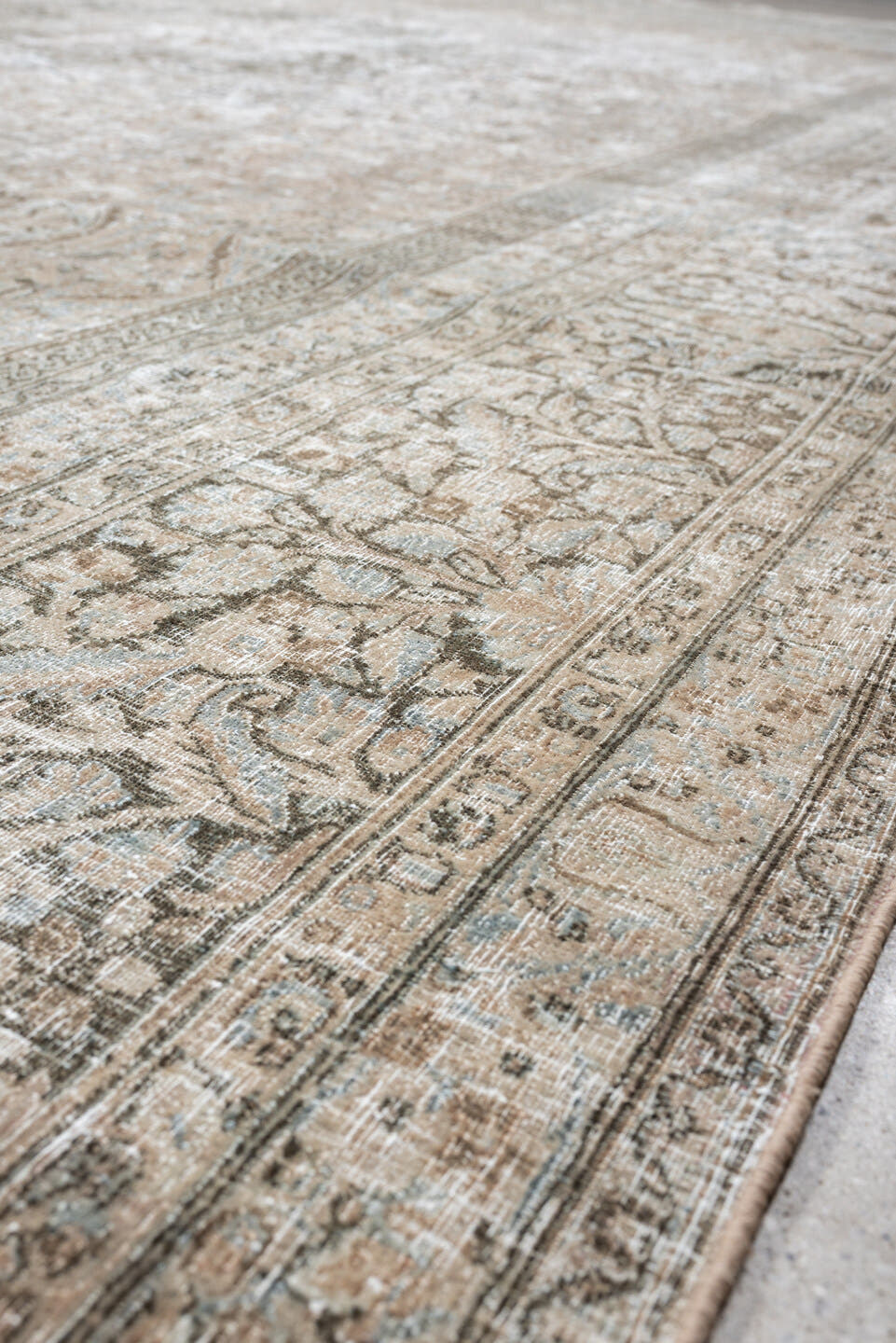 10' x 16' one-of-a-kind handmade antique Khorassan oversize rug. Color palette: ivory, taupe, blue gray, slate, beige, camel