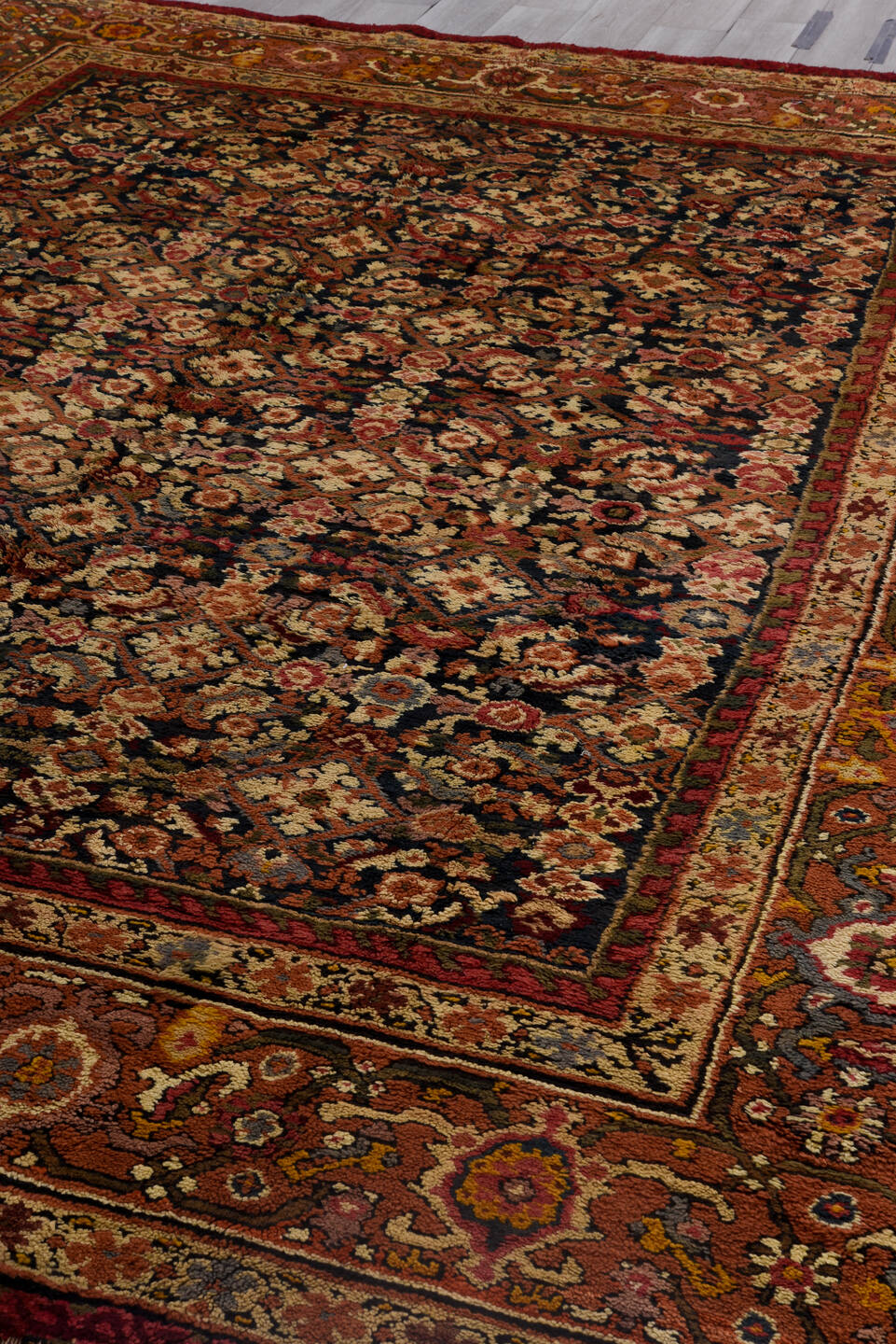 10' x 12' one-of-a-kind handmade vintage European large size rug. Color palette: brown, gray, pink, red, saddle brown