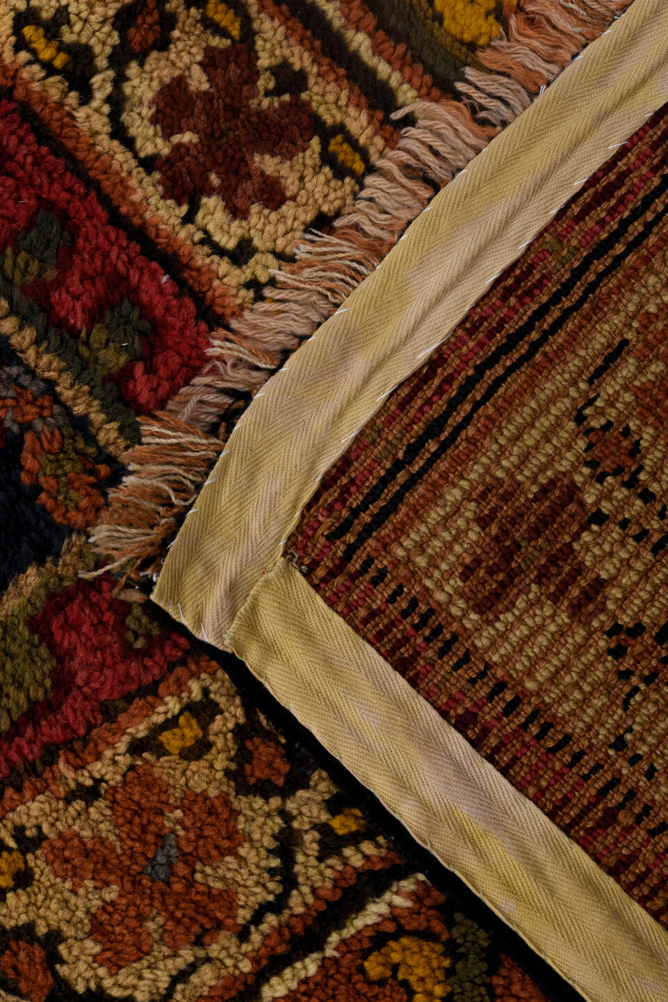 10' x 12' one-of-a-kind handmade vintage European large size rug. Color palette: brown, red, gray, pink, saddle brown