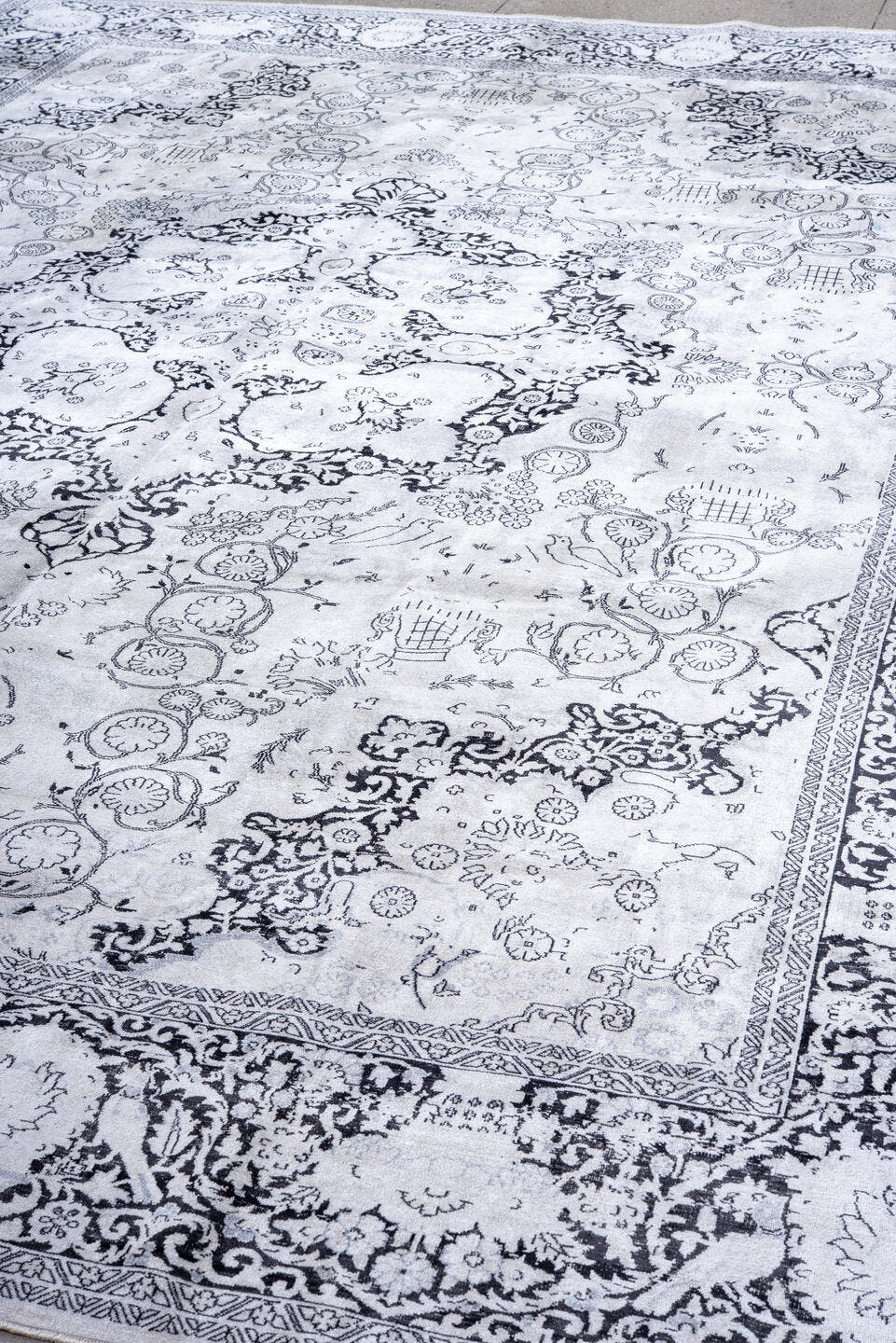 9' x 13' one-of-a-kind handmade vintage Kaisary large size rug. Color palette: ivory, charcoal, slate, silver, gray, black