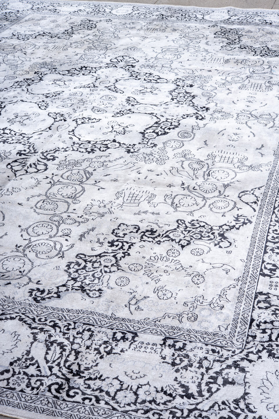 9' x 13' one-of-a-kind handmade vintage Kaisary large size rug. Color palette: ivory, charcoal, slate, silver, gray, black