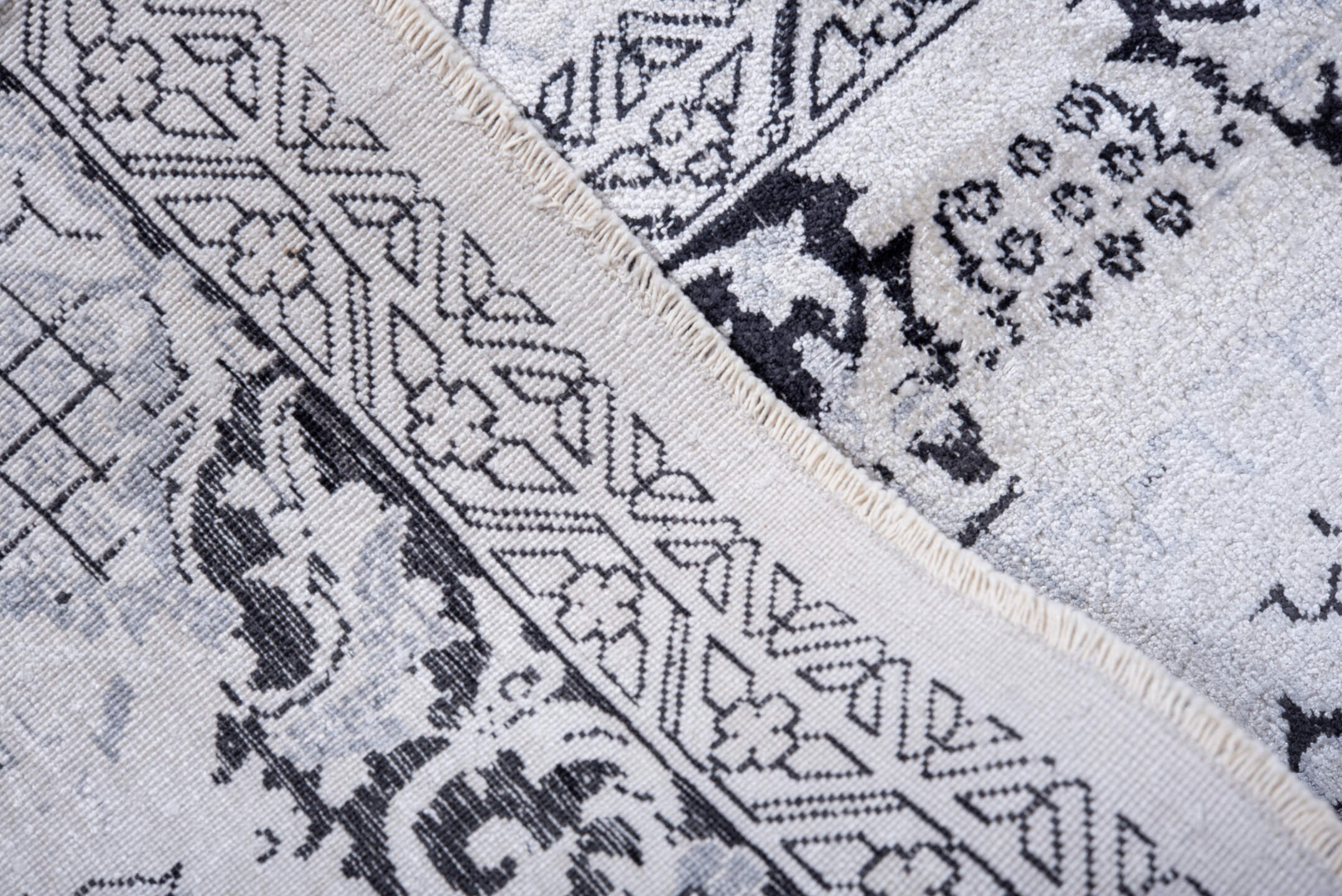 9' x 13' one-of-a-kind handmade vintage Kaisary large size rug. Color palette: ivory, charcoal, slate, silver, gray, black