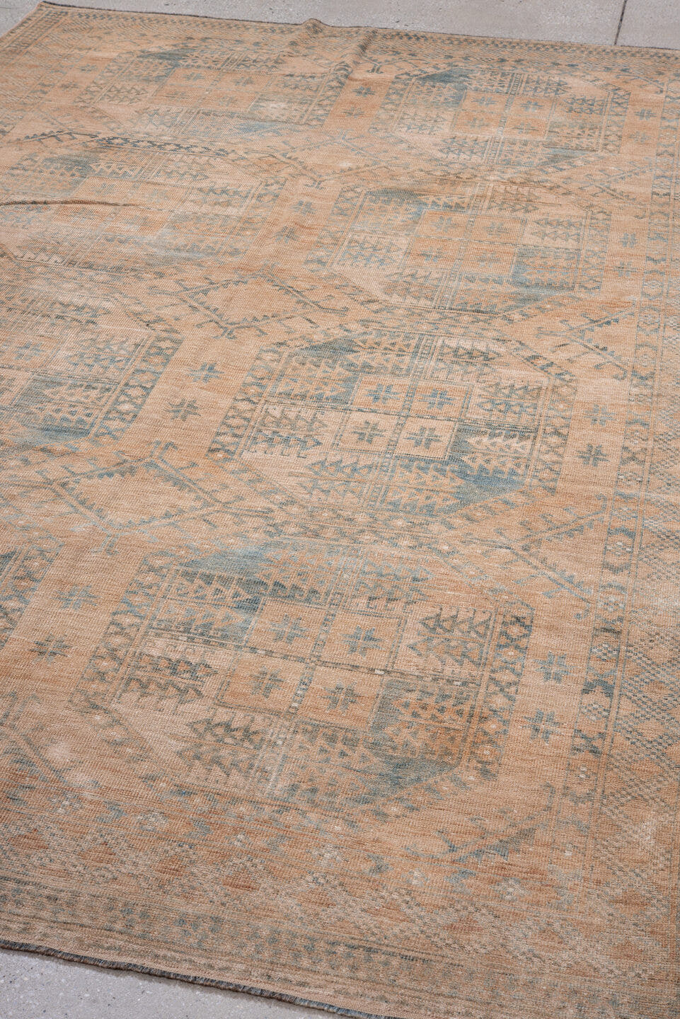 6' x 9' one-of-a-kind handmade antique Afghan medium size rug. Color palette: blush, dusty blue, ivory, taupe, camel, pink