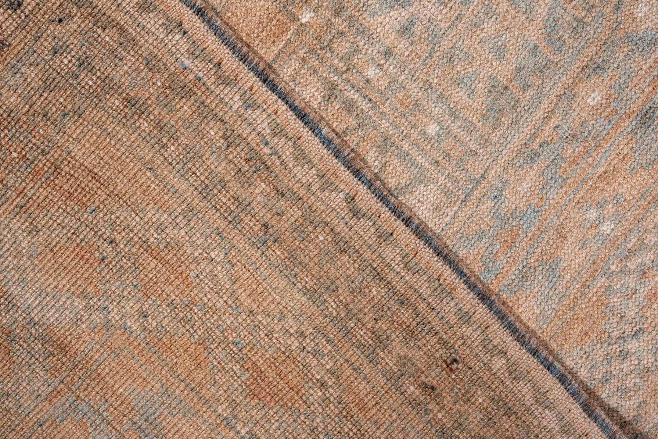 6' x 9' one-of-a-kind handmade antique Afghan medium size rug. Color palette: blush, dusty blue, ivory, taupe, camel, pink