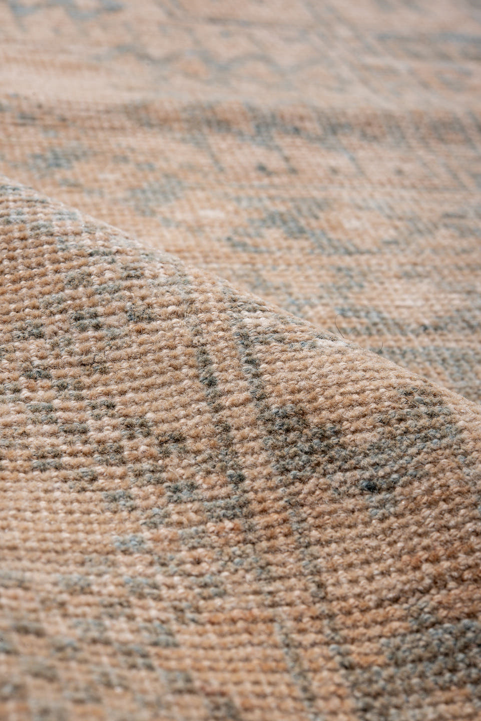 6' x 9' one-of-a-kind handmade antique Afghan medium size rug. Color palette: blush, dusty blue, ivory, taupe, camel, pink
