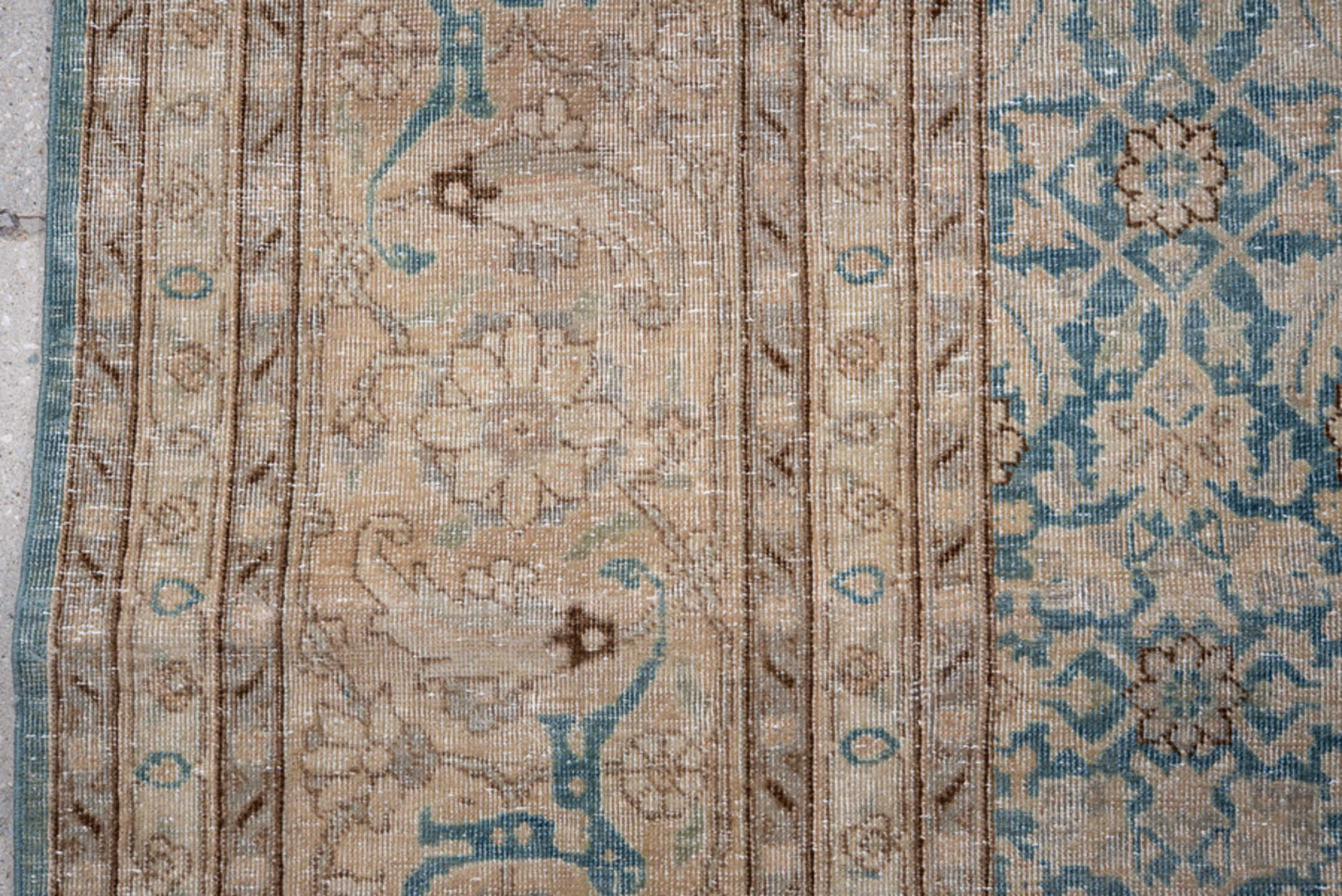 6' x 9' one-of-a-kind handmade antique Tabriz medium size rug. Color palette: ivory, pale blue, taupe, beige, slate, camel