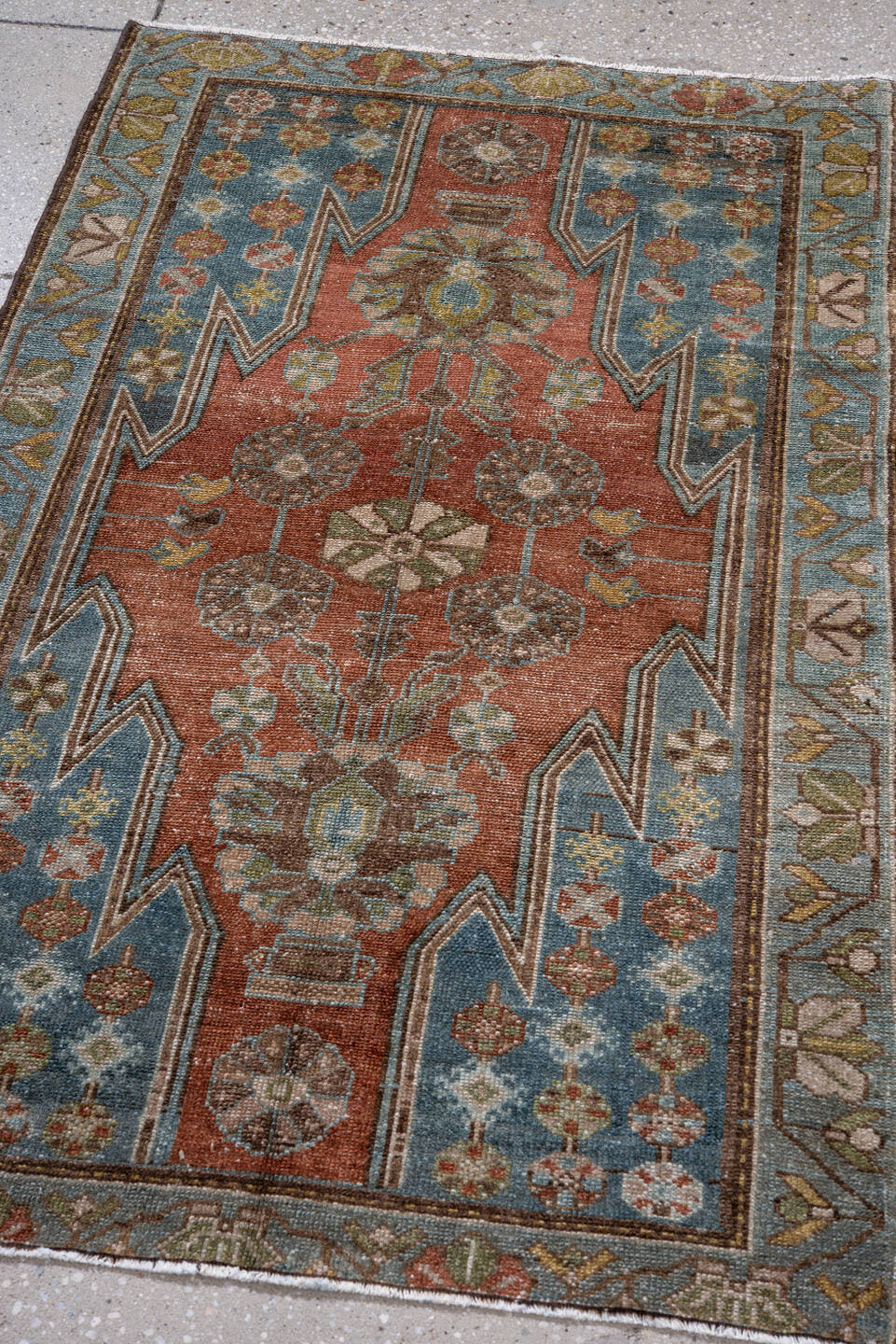 2' x 4' one-of-a-kind handmade vintage Malayer small size rug. Color palette: terra cotta, sky blue, ivory, olive, brown