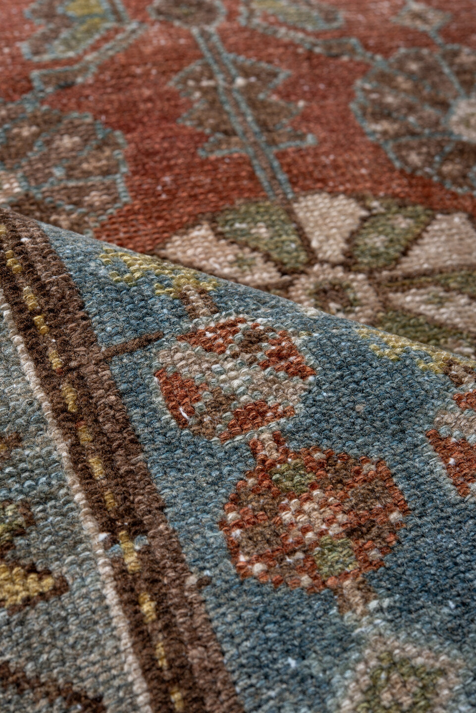 2' x 4' one-of-a-kind handmade vintage Malayer small size rug. Color palette: terra cotta, sky blue, ivory, olive, brown