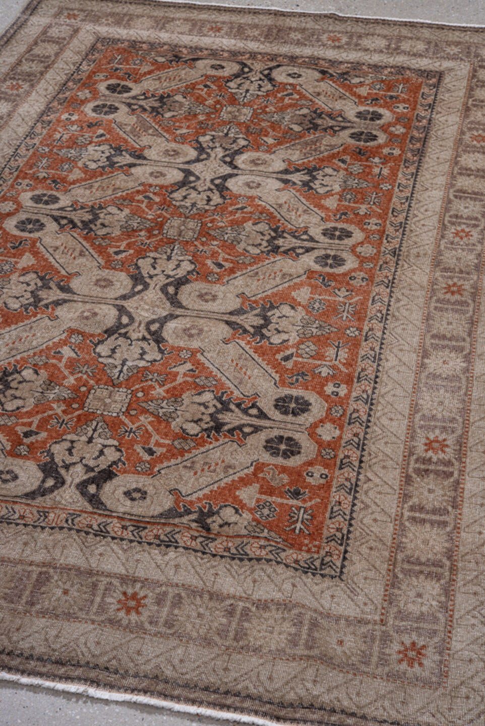 4' x 6' one-of-a-kind handmade vintage Irvan small size rug. Color palette: ivory, terra cotta, taupe, charcoal, brown, rust