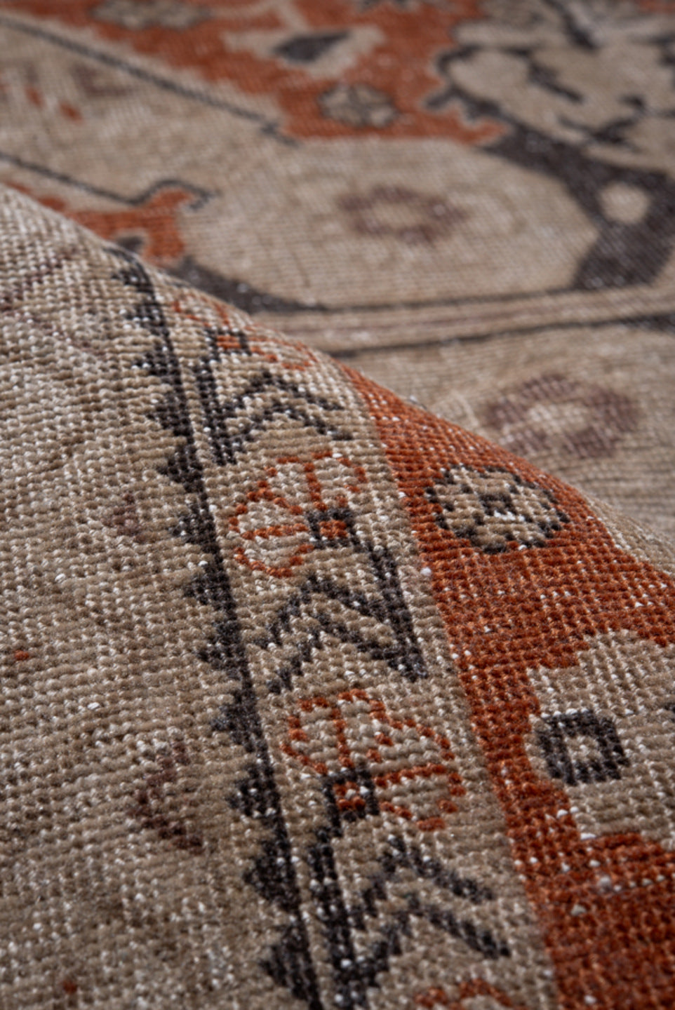 4' x 6' one-of-a-kind handmade vintage Irvan small size rug. Color palette: ivory, terra cotta, taupe, charcoal, brown, rust