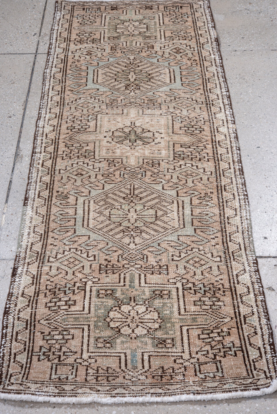 1' x 5' one-of-a-kind handmade vintage Karaje small size rug. Color palette: brown, dark gray, dim gray, gray, light gray