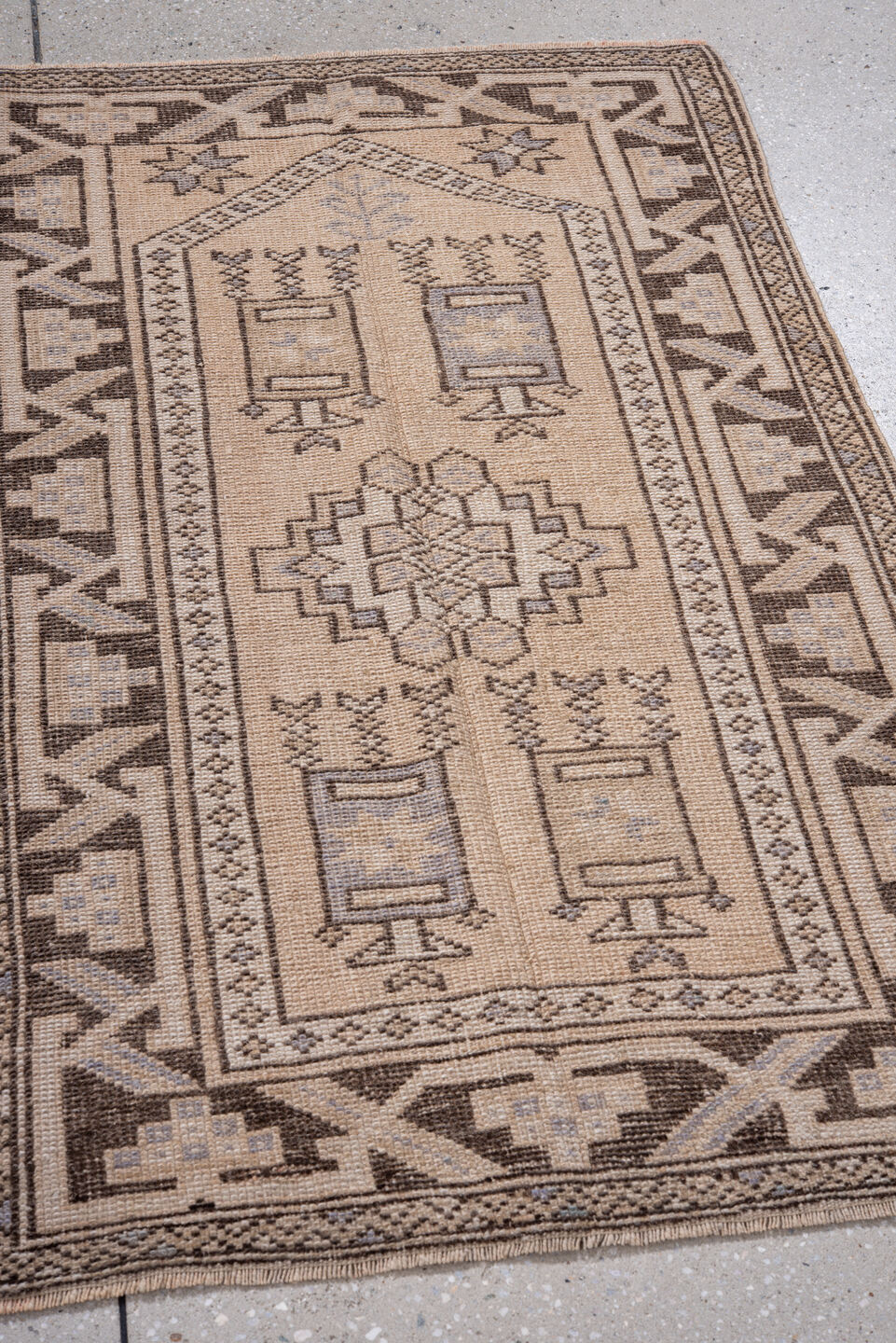 2' x 4' one-of-a-kind handmade antique Oushak small size rug. Color palette: ivory, taupe, brown, pale blue, beige, gray