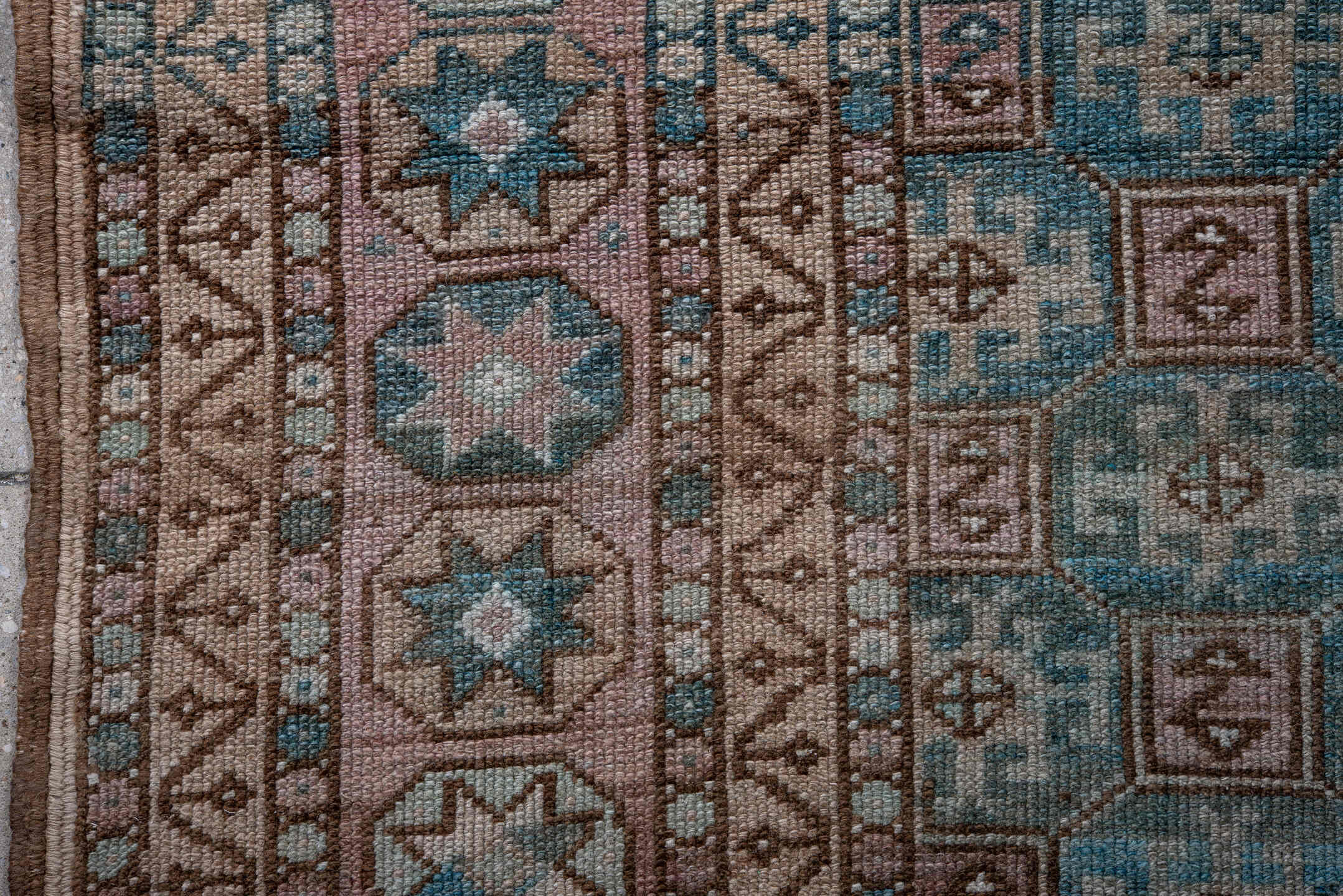 5' x 8' one-of-a-kind handmade antique Oushak medium size rug. Color palette: turquoise, blush, ivory, brown, taupe, slate
