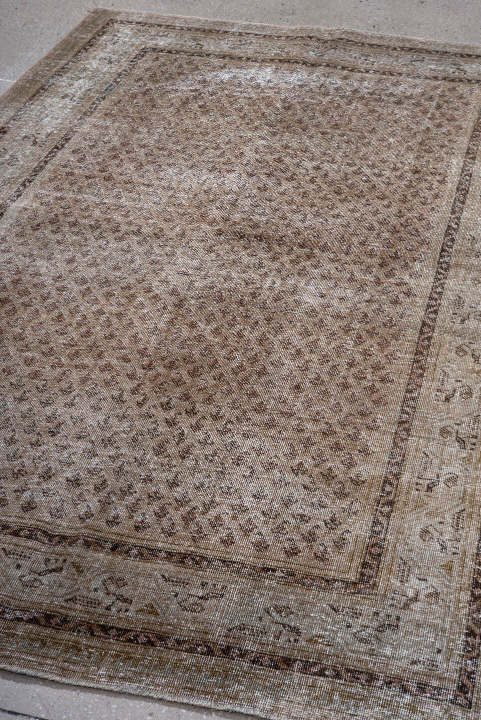 5' x 8' one-of-a-kind handmade antique Saraband medium size rug. Color palette: taupe, ivory, brown, charcoal, beige, gray