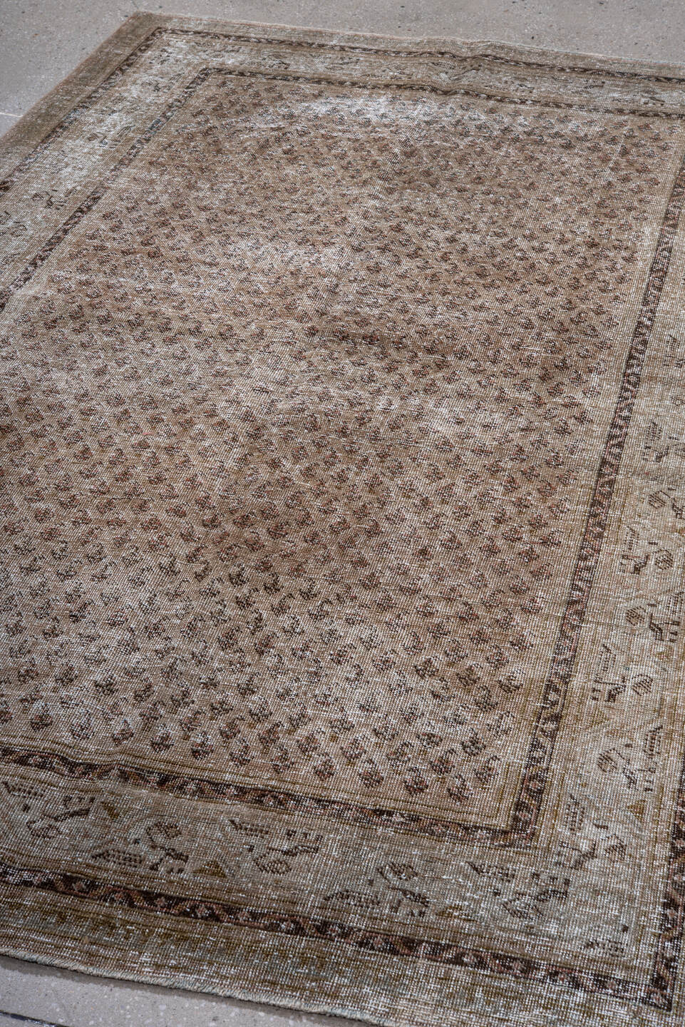 5' x 8' one-of-a-kind handmade antique Saraband medium size rug. Color palette: taupe, ivory, brown, charcoal, beige, gray
