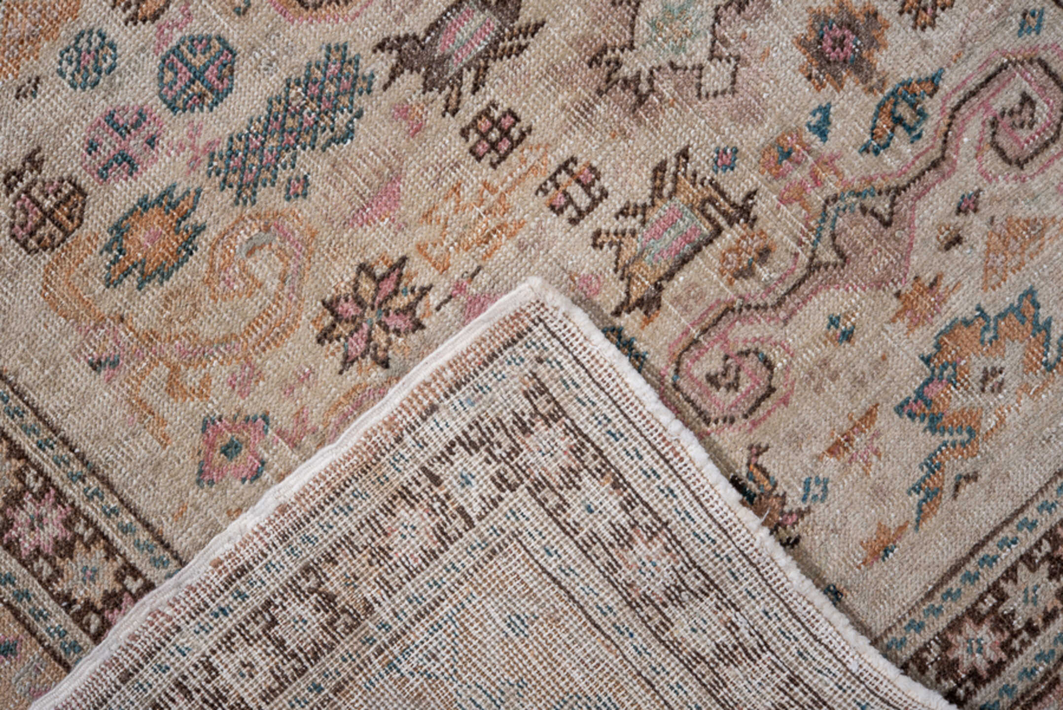 5' x 7' one-of-a-kind handmade vintage Kaisary rug. Color palette: blue, brown, dim gray, gray, light gray, off-white, pink
