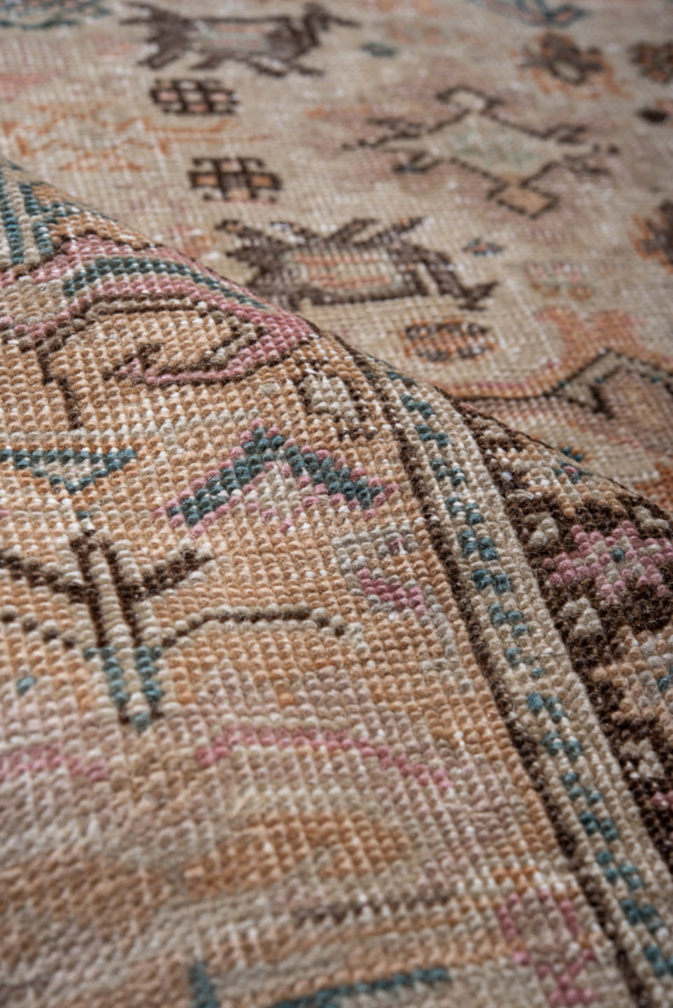 5' x 7' one-of-a-kind handmade vintage Kaisary rug. Color palette: blue, brown, dim gray, gray, light gray, off-white, pink