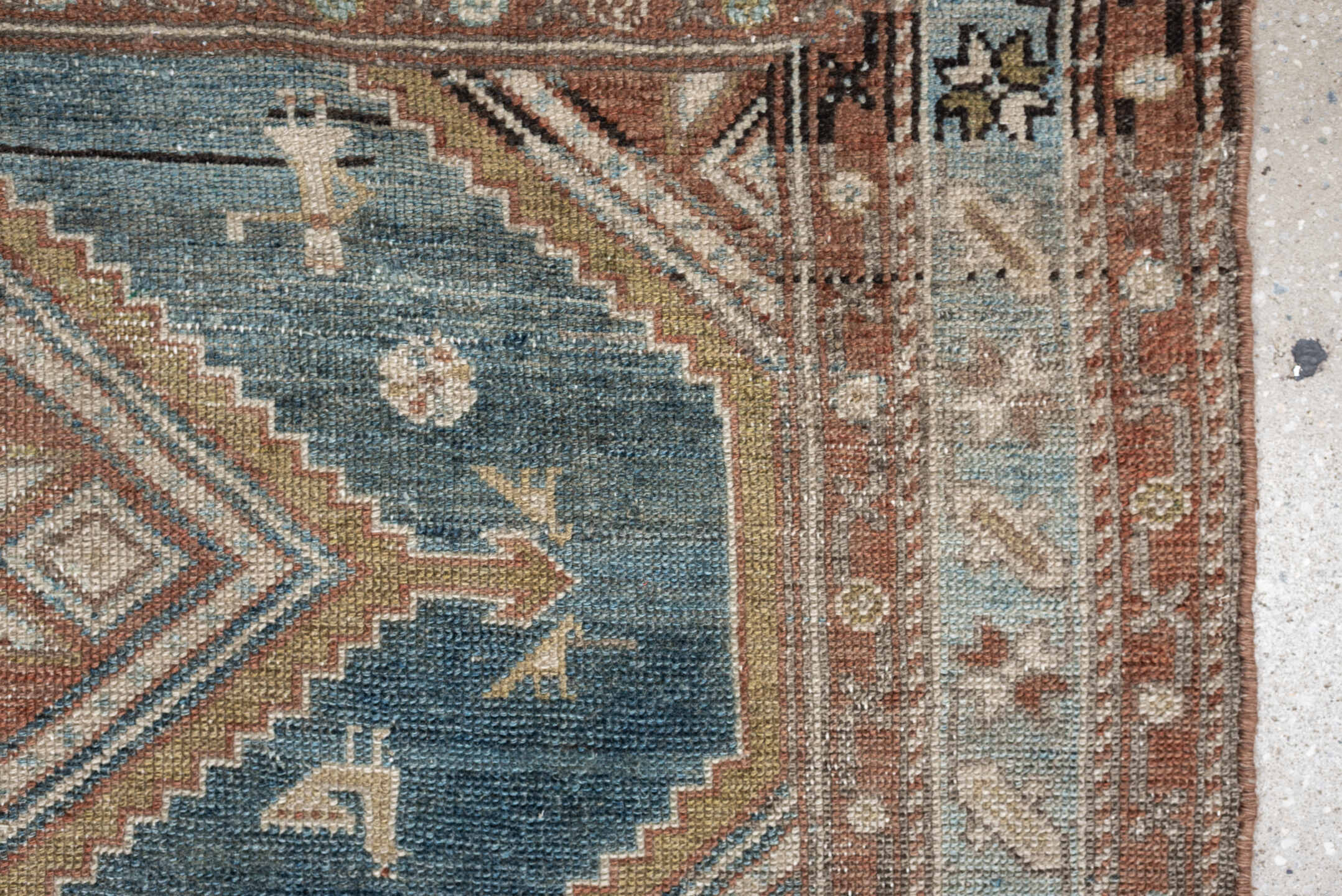 4' x 6' one-of-a-kind handmade antique Hamadan rug. Color palette: blue, terra cotta, ivory, taupe, charcoal, camel