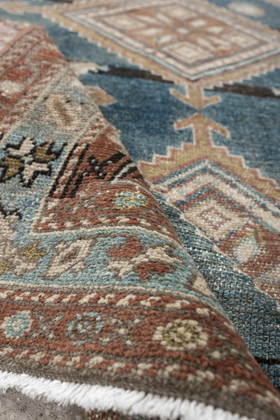 4' x 6' one-of-a-kind handmade antique Hamadan rug. Color palette: blue, terra cotta, ivory, taupe, charcoal, camel
