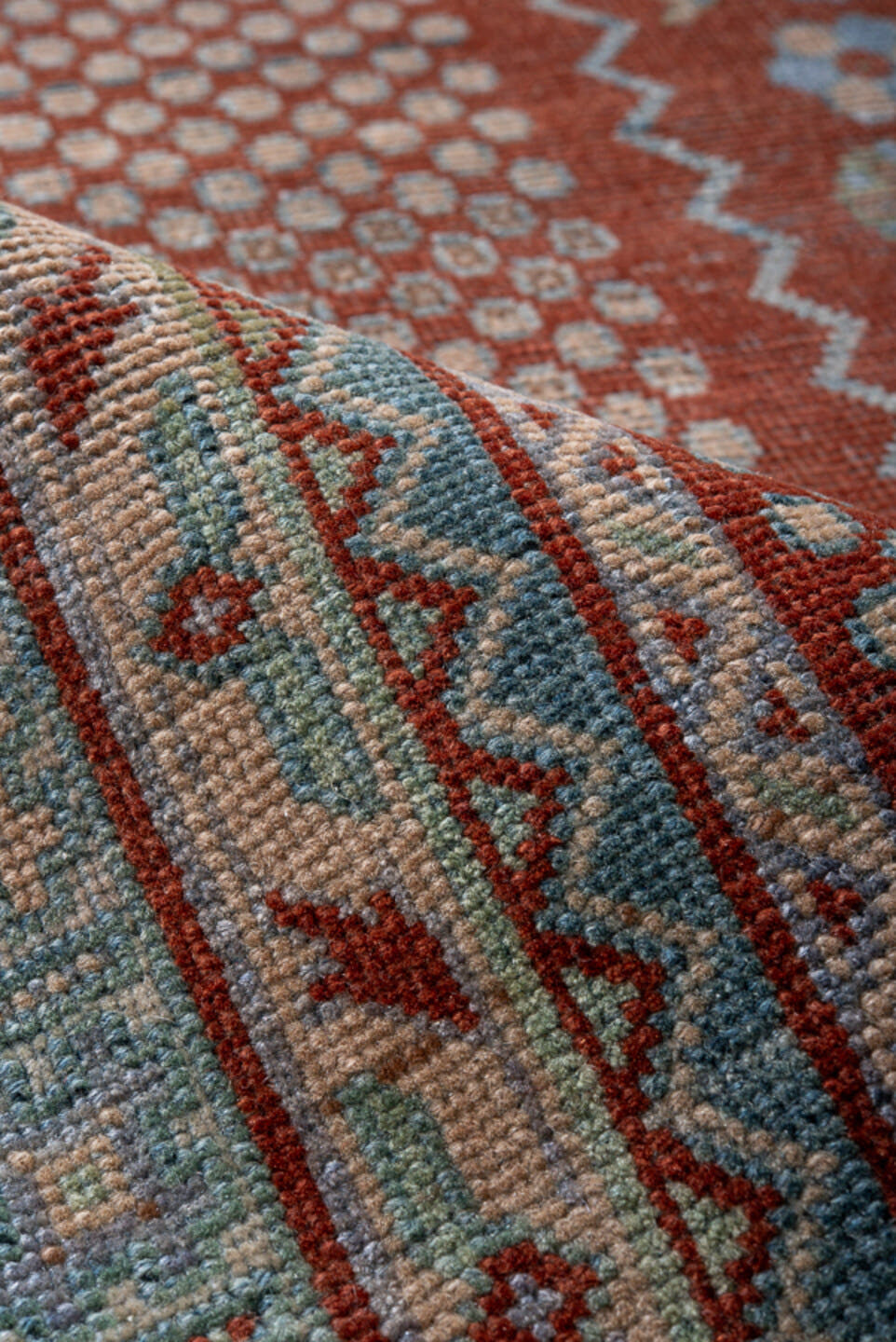 5' x 7' one-of-a-kind handmade antique Afshar rug. Color palette: rust, sky blue, ivory, slate, brick, camel, terracotta
