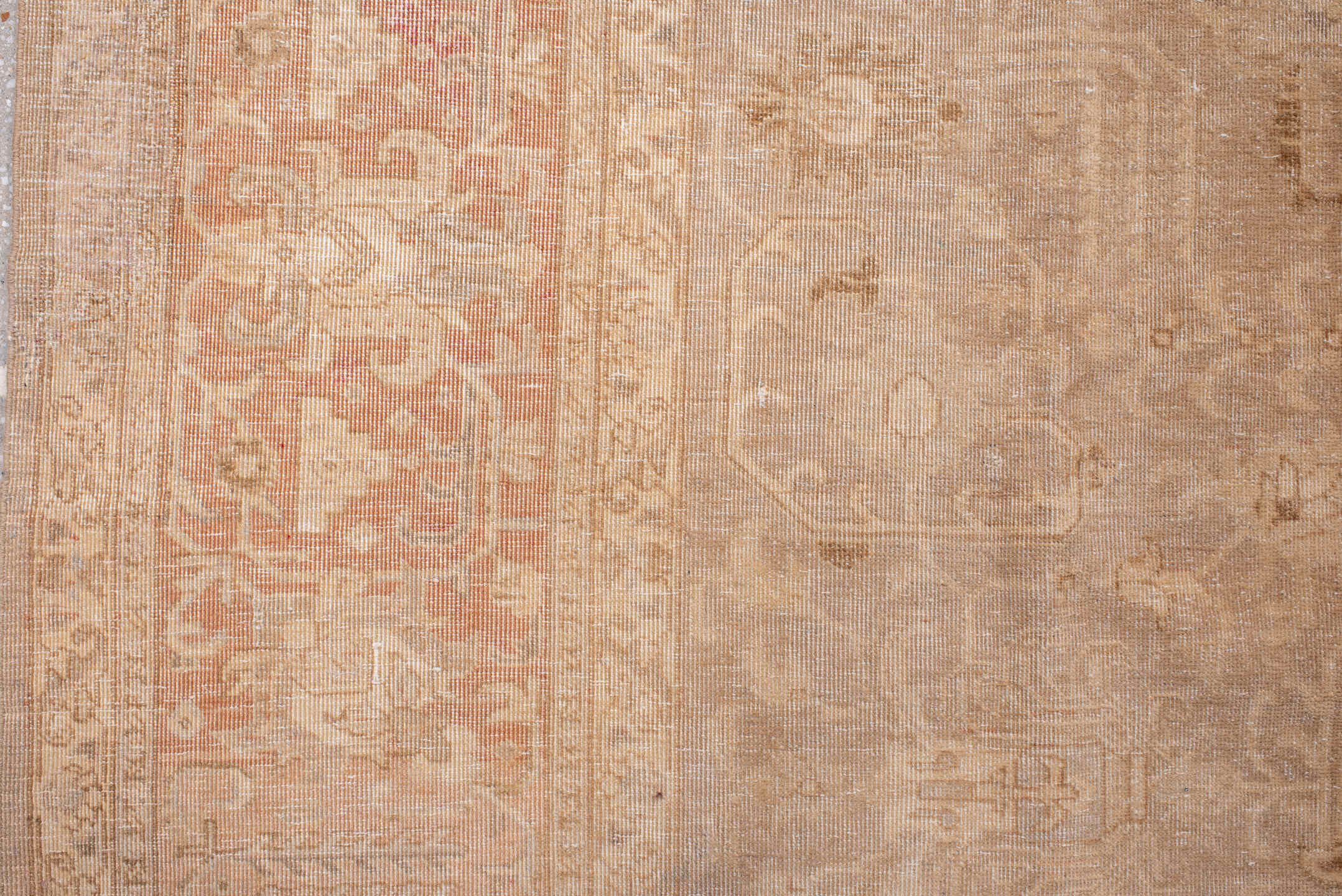 9' x 12' one-of-a-kind handmade vintage Tabriz large size rug. Color palette: bisque, brown, off-white, orange, peach puff