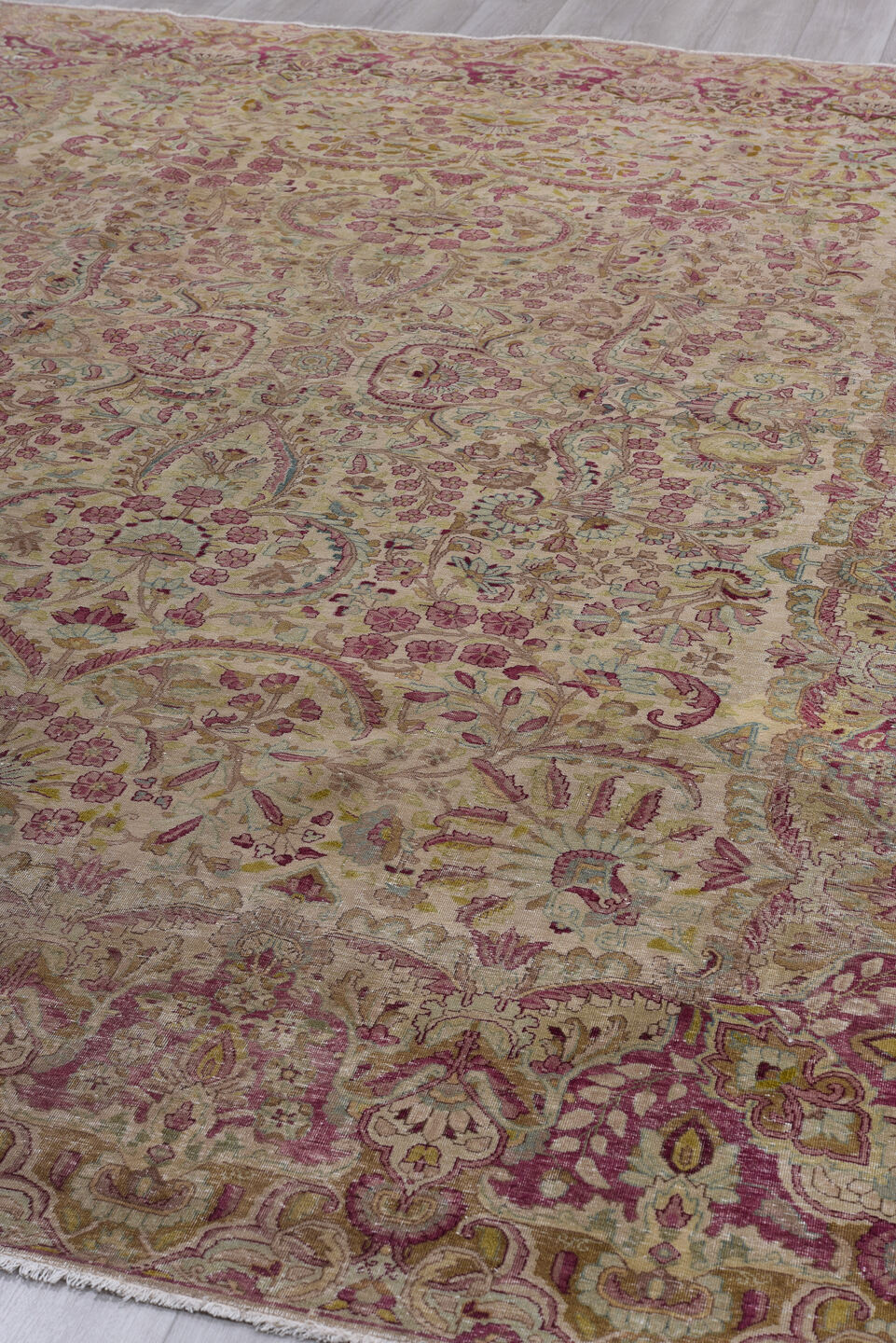 9' x 11' one-of-a-kind handmade vintage Kerman large size rug. Color palette: ivory, rose, burgundy, taupe, beige, pale blue