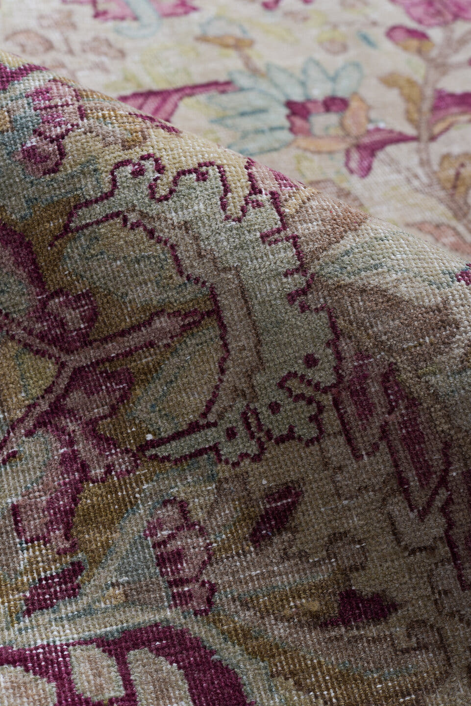 9' x 11' one-of-a-kind handmade vintage Kerman large size rug. Color palette: ivory, rose, burgundy, taupe, beige, pale blue