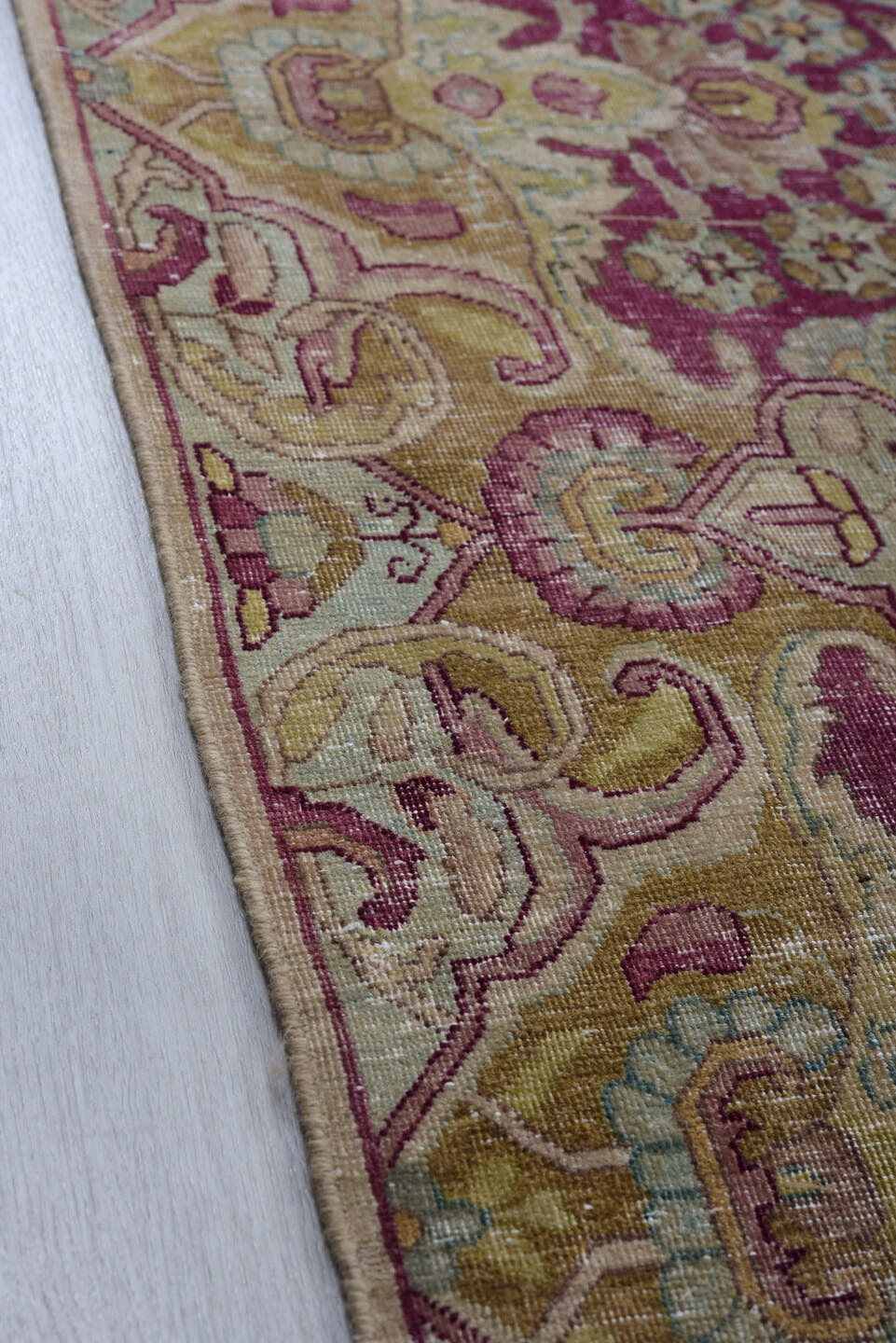 9' x 11' one-of-a-kind handmade vintage Kerman large size rug. Color palette: ivory, rose, burgundy, taupe, beige, pale blue
