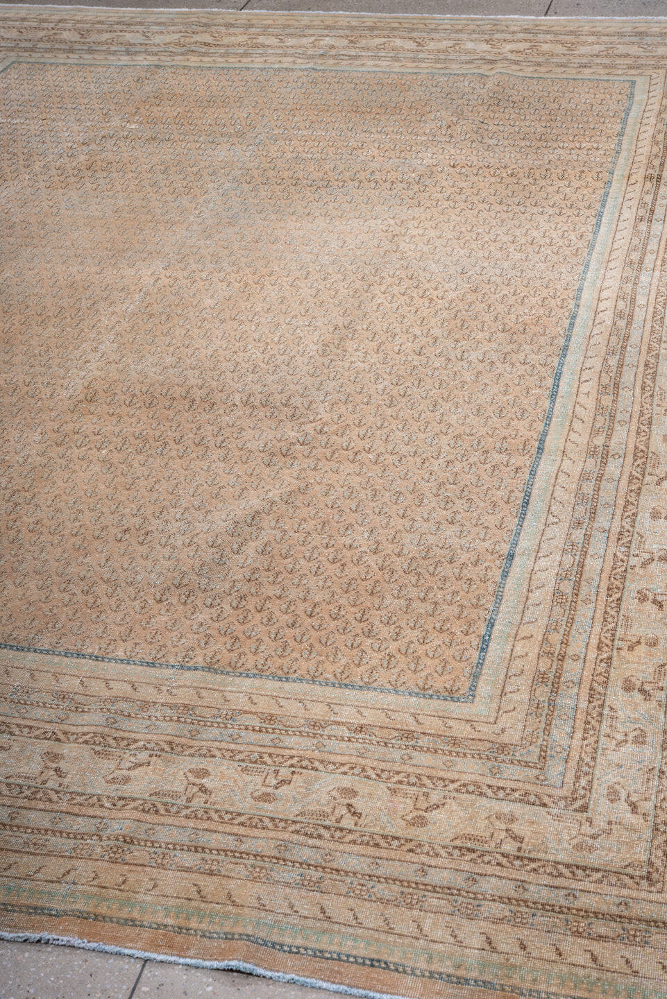 8' x 11' one-of-a-kind handmade vintage Mir large size rug. Color palette: camel, ivory, taupe, light blue, brown, beige