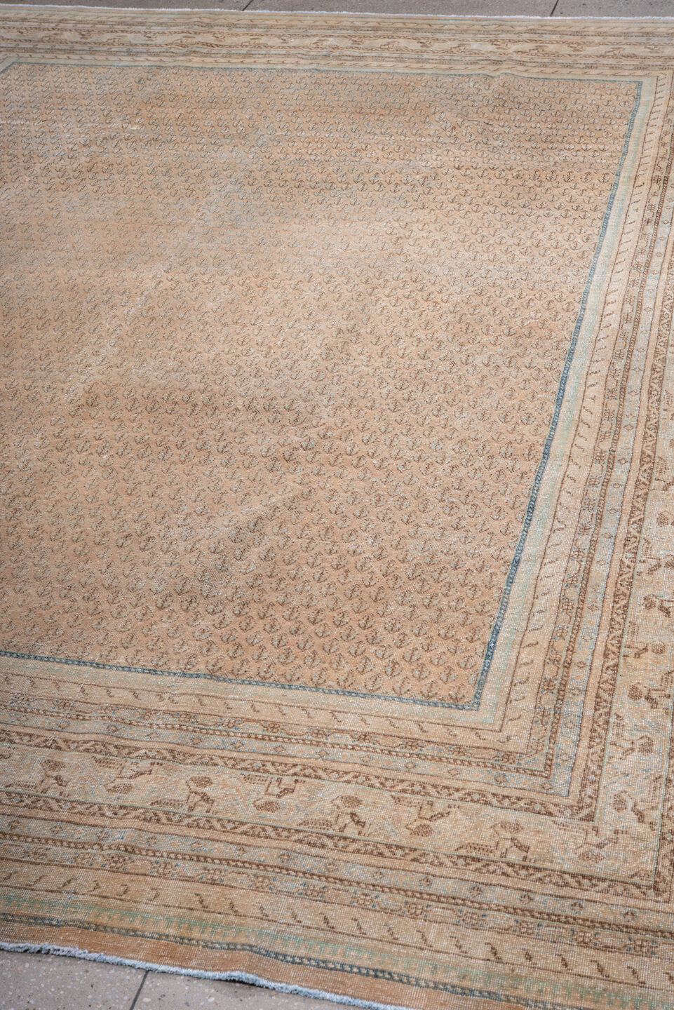 8' x 11' one-of-a-kind handmade vintage Mir large size rug. Color palette: camel, ivory, taupe, light blue, brown, beige