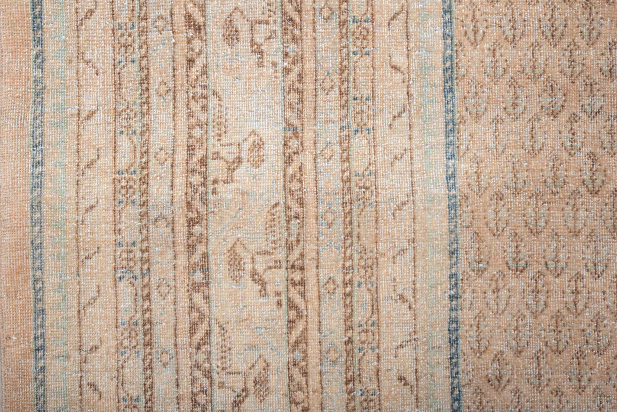 8' x 11' one-of-a-kind handmade vintage Mir large size rug. Color palette: camel, ivory, taupe, light blue, brown, beige