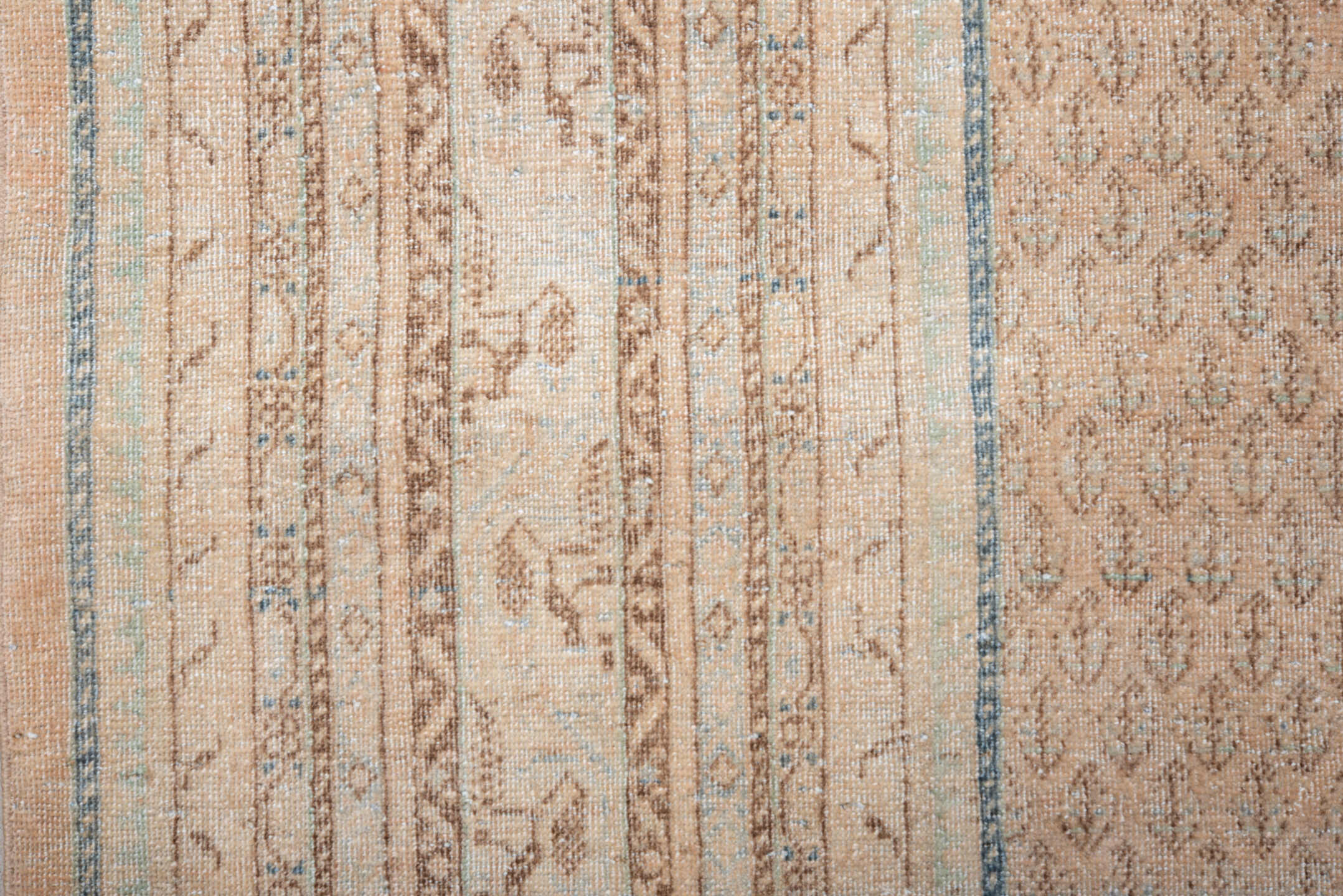 8' x 11' one-of-a-kind handmade vintage Mir large size rug. Color palette: camel, ivory, taupe, light blue, brown, beige