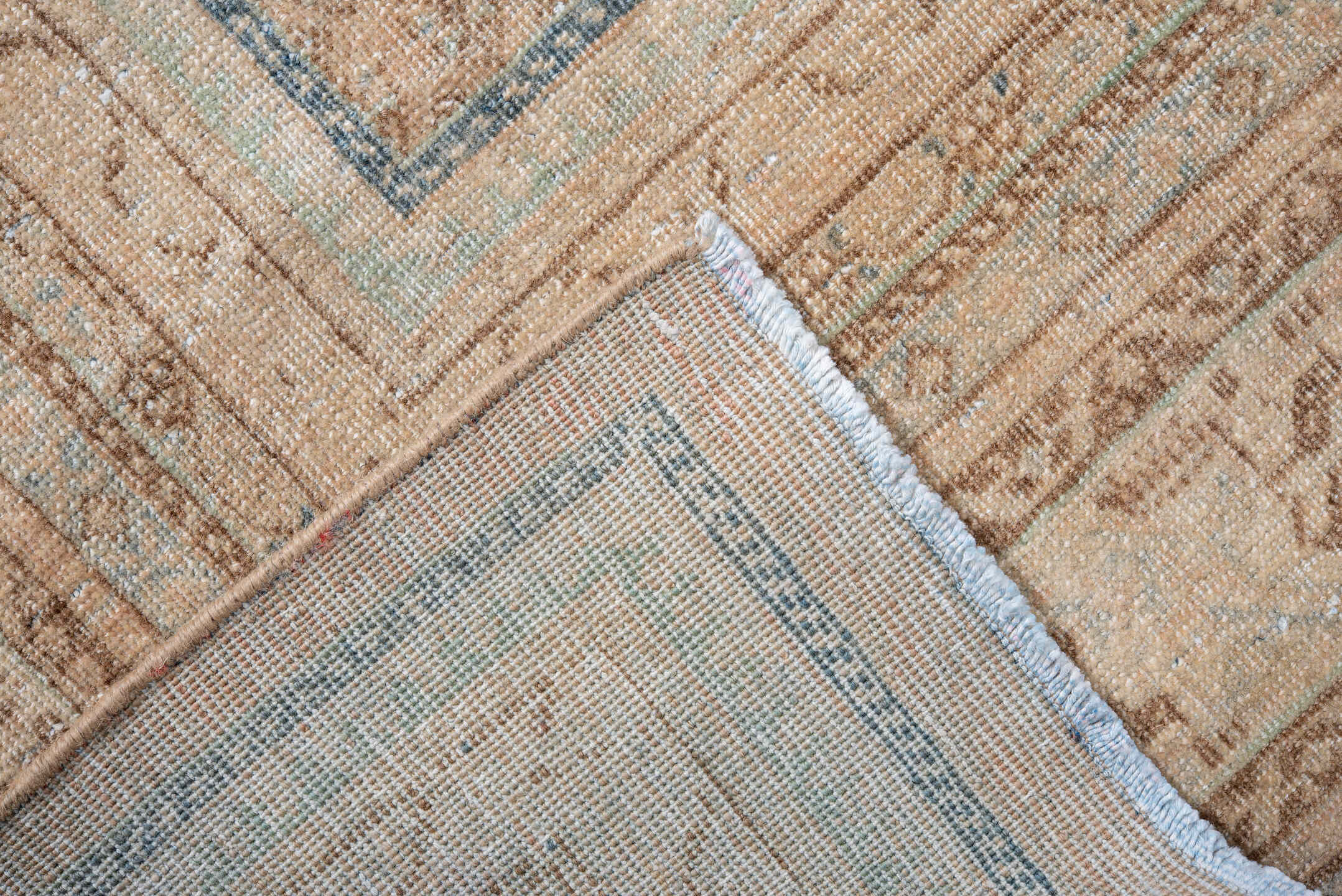8' x 11' one-of-a-kind handmade vintage Mir large size rug. Color palette: camel, ivory, taupe, light blue, brown, beige